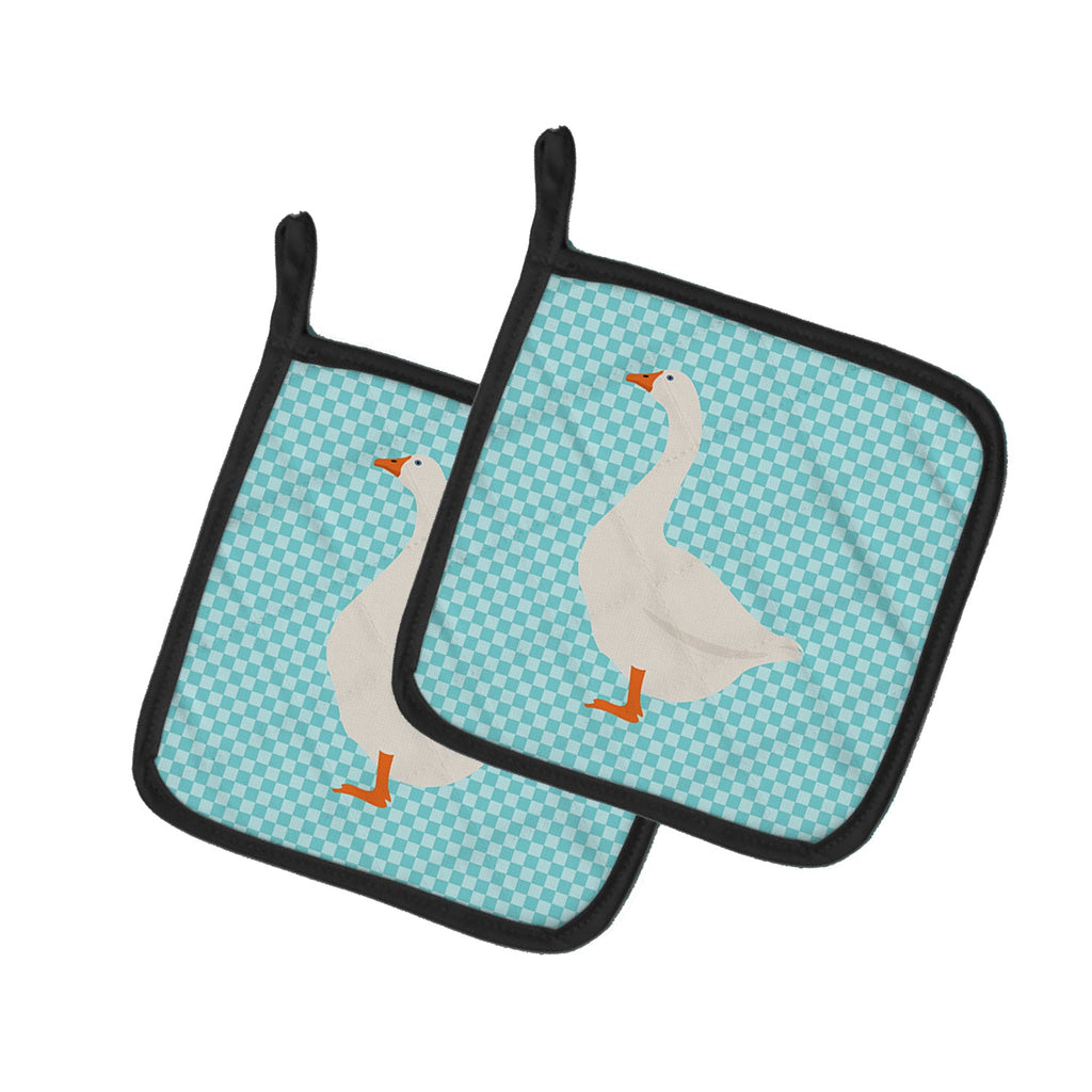 Embden Goose Blue Check Pot Holder Set of 2 Heat Resistant Quilted Hot Pads 7.5 x 7.5 Inch, Insulated Kitchen Trivets for Cooking & Baking