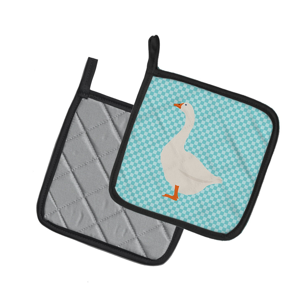 Embden Goose Blue Check Pot Holder Set of 2 Heat Resistant Quilted Hot Pads 7.5 x 7.5 Inch, Insulated Kitchen Trivets for Cooking & Baking