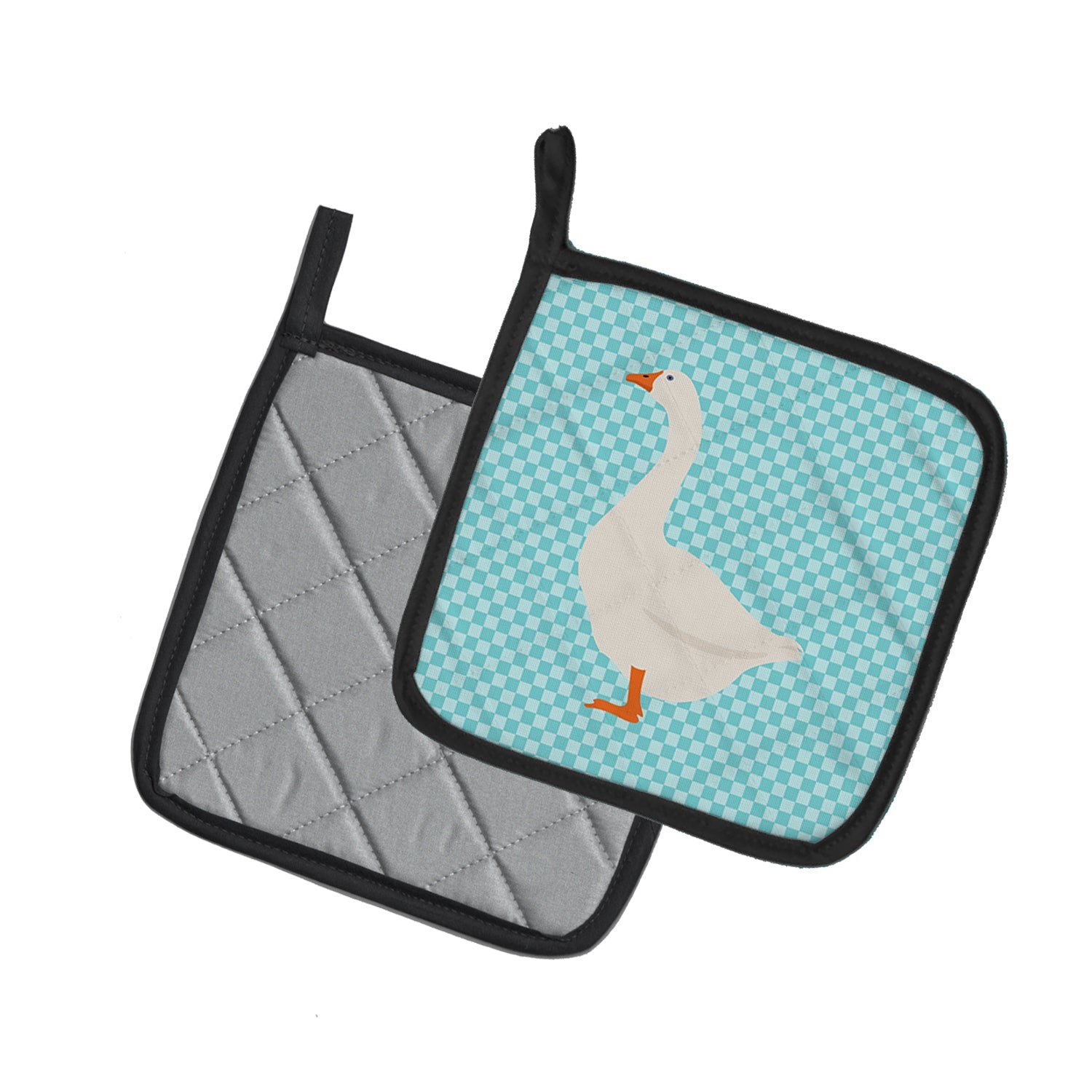 Embden Goose Blue Check Pot Holder Set of 2 Heat Resistant Quilted Hot Pads 7.5 x 7.5 Inch, Insulated Kitchen Trivets for Cooking & Baking