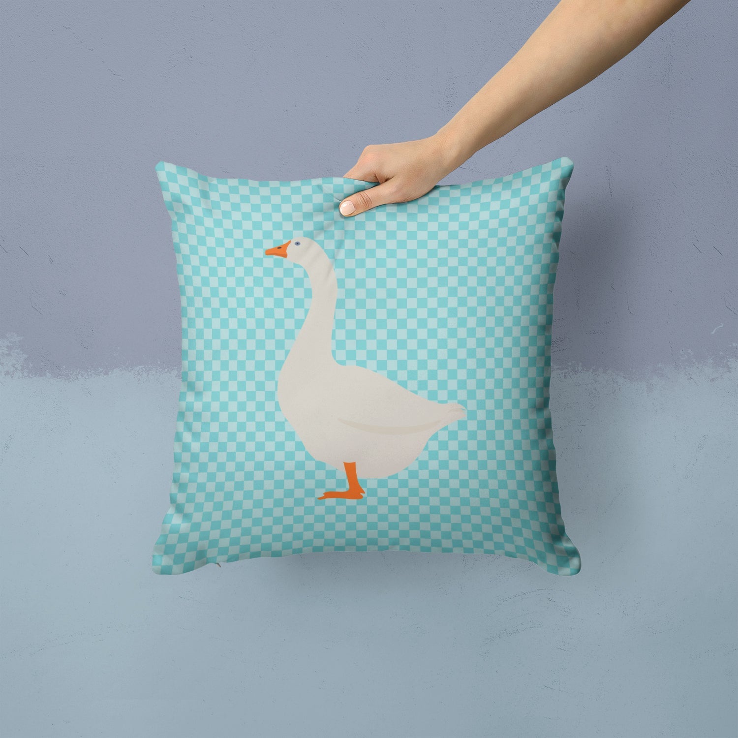 Embden Goose Blue Check Decorative Throw Pillow 14x14 Indoor Outdoor Accent Cushion, Fabric Cover with Insert for Sofa, Bed, Porch & Living Room