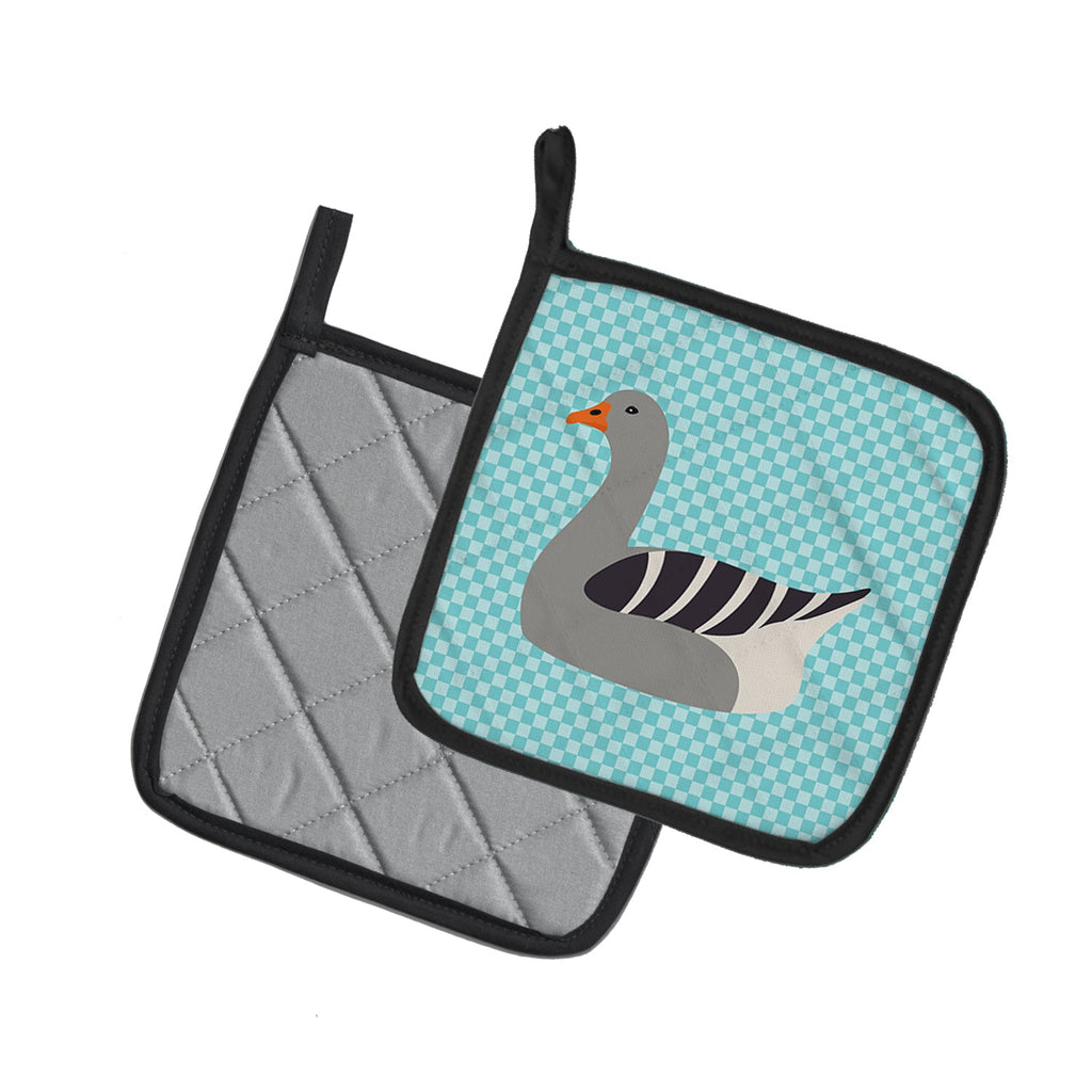 Pilgrim Goose Blue Check Pot Holder Set of 2 Heat Resistant Quilted Hot Pads 7.5 x 7.5 Inch, Insulated Kitchen Trivets for Cooking & Baking