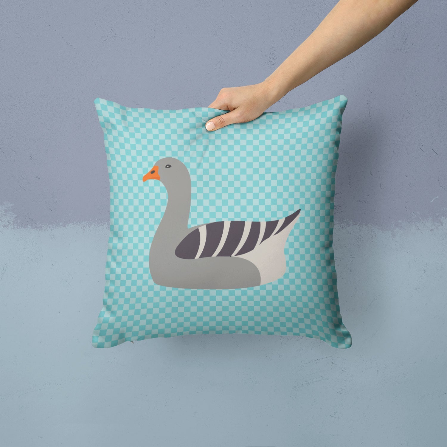 Pilgrim Goose Blue Check Decorative Throw Pillow 14x14 Indoor Outdoor Accent Cushion, Fabric Cover with Insert for Sofa, Bed, Porch & Living Room