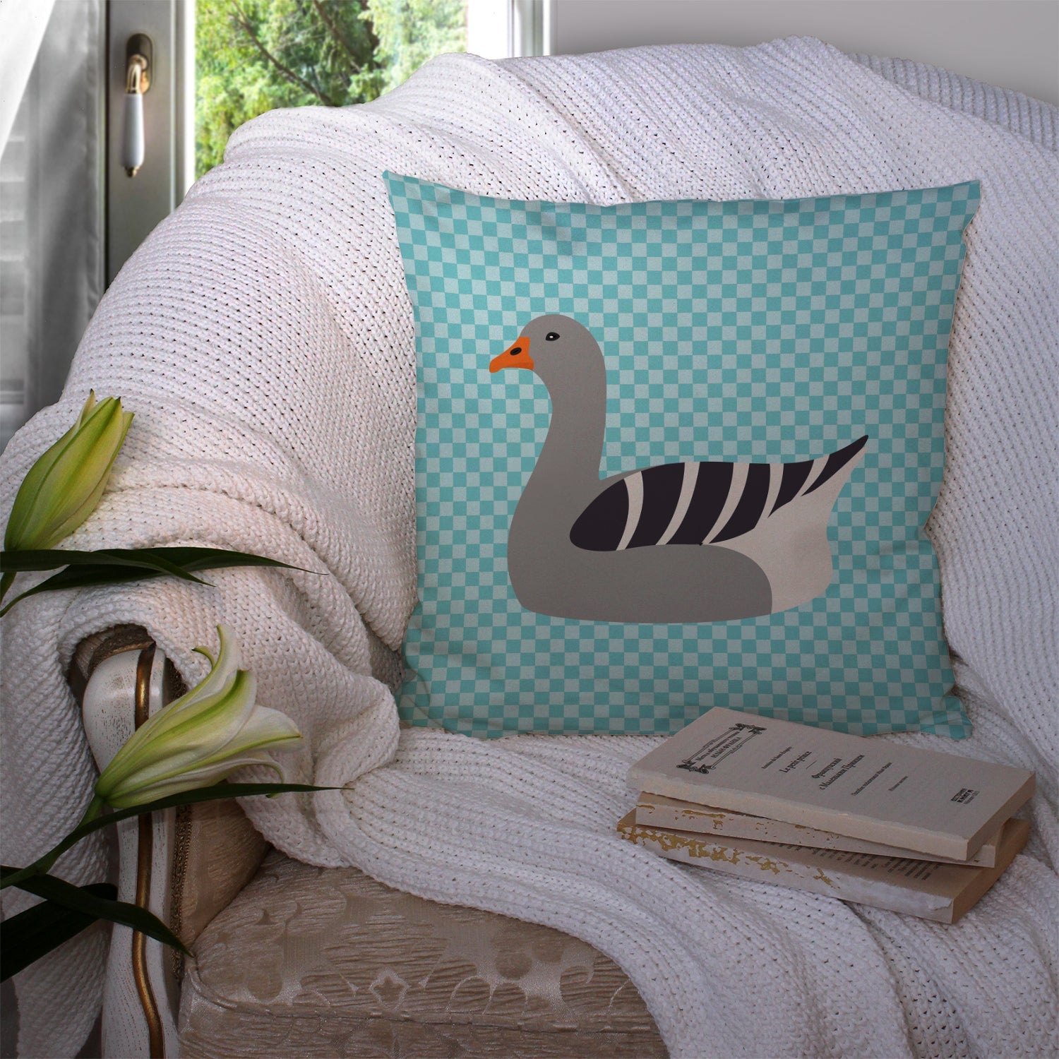 Pilgrim Goose Blue Check Decorative Throw Pillow 14x14 Indoor Outdoor Accent Cushion, Fabric Cover with Insert for Sofa, Bed, Porch & Living Room