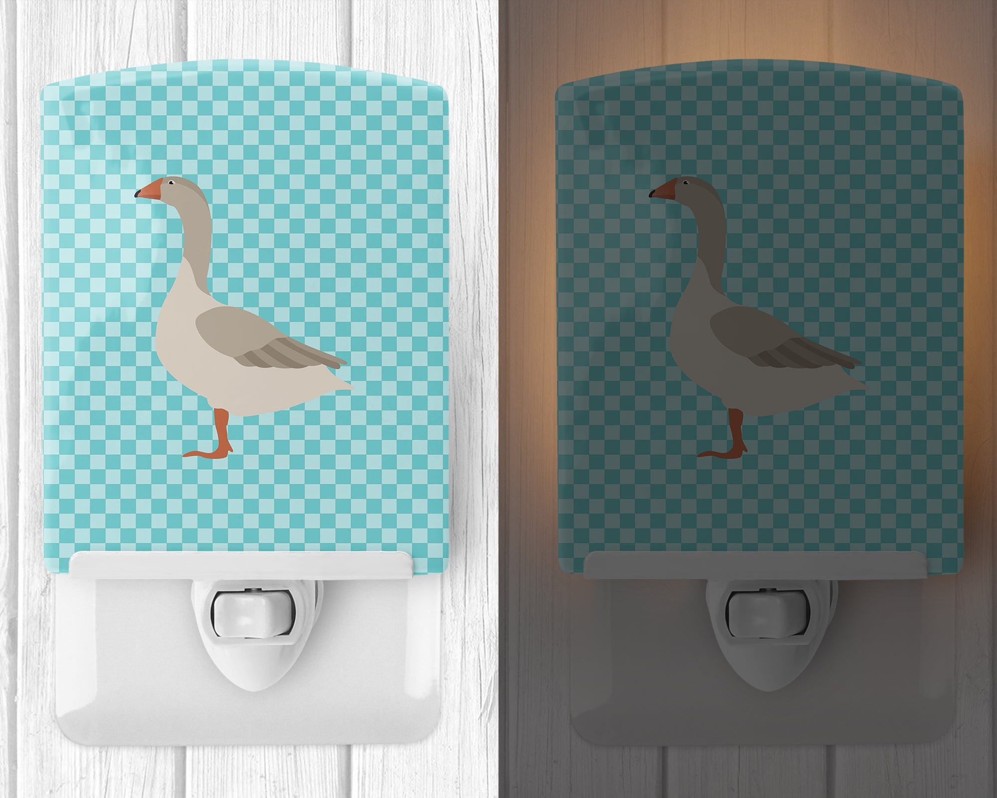 Steinbacher Goose Blue Check Ceramic Night Light Compact, UL-Certified, Ideal for Bedroom, Bathroom, Nursery, Hallway, Kitchen, 6x4x3, Multicolor