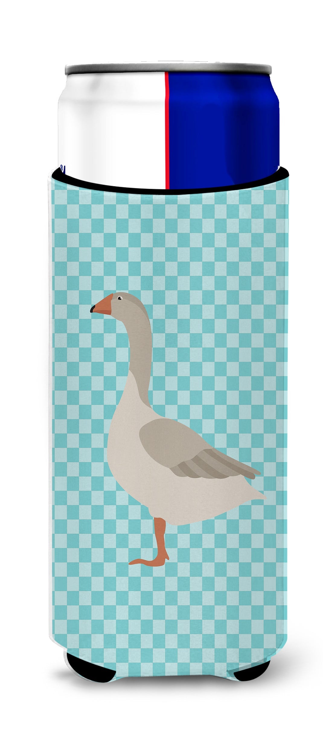 Steinbacher Goose Blue Check Slim Can Hugger , Insulated Foam Hugger for 12 oz Slim Cans, Beer Bottles & Water Bottles, Printed in USA
