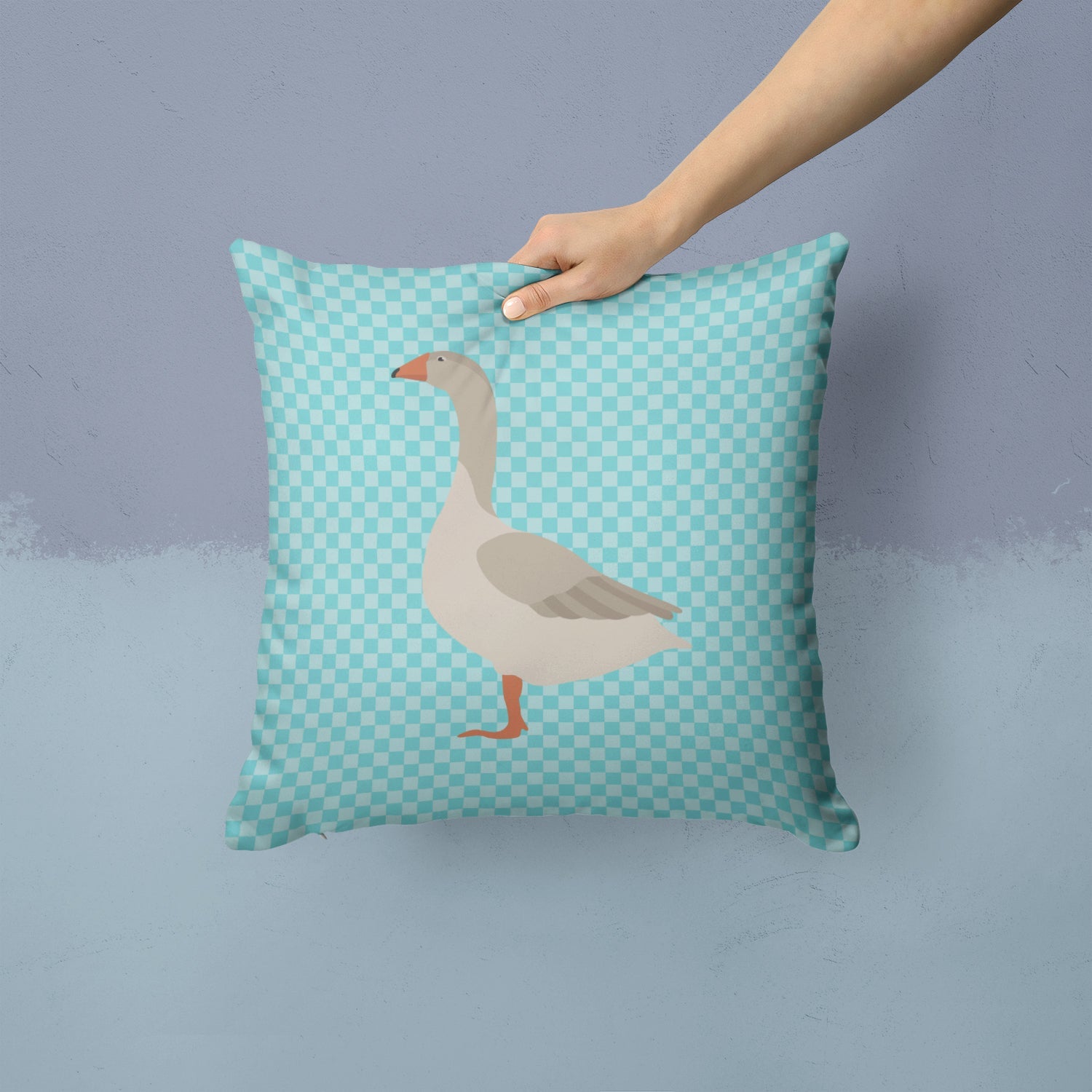 Steinbacher Goose Blue Check Decorative Throw Pillow 14x14 Indoor Outdoor Accent Cushion, Fabric Cover with Insert for Sofa, Bed, Porch & Living Room