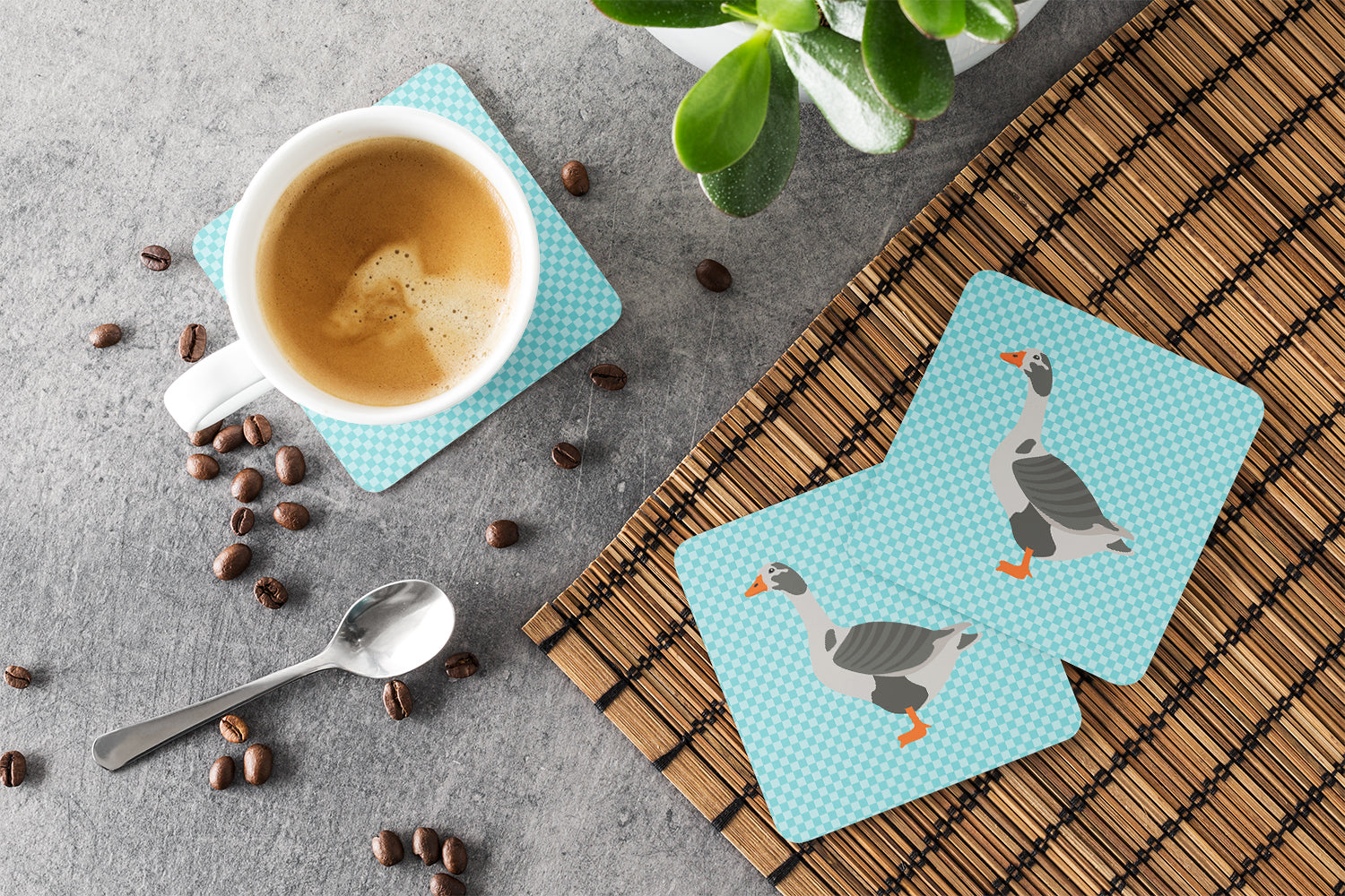 West of England Goose Blue Check Foam Coasters Set of 4 Cup Coasters for Indoor Outdoor, Tabletop Protection, Anti Slip, Mouse pad Material