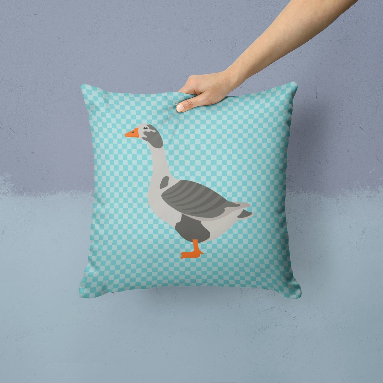 West of England Goose Blue Check Decorative Throw Pillow 14x14 Indoor Outdoor Accent Cushion, Fabric Cover with Insert for Sofa, Bed, Porch & Living Room