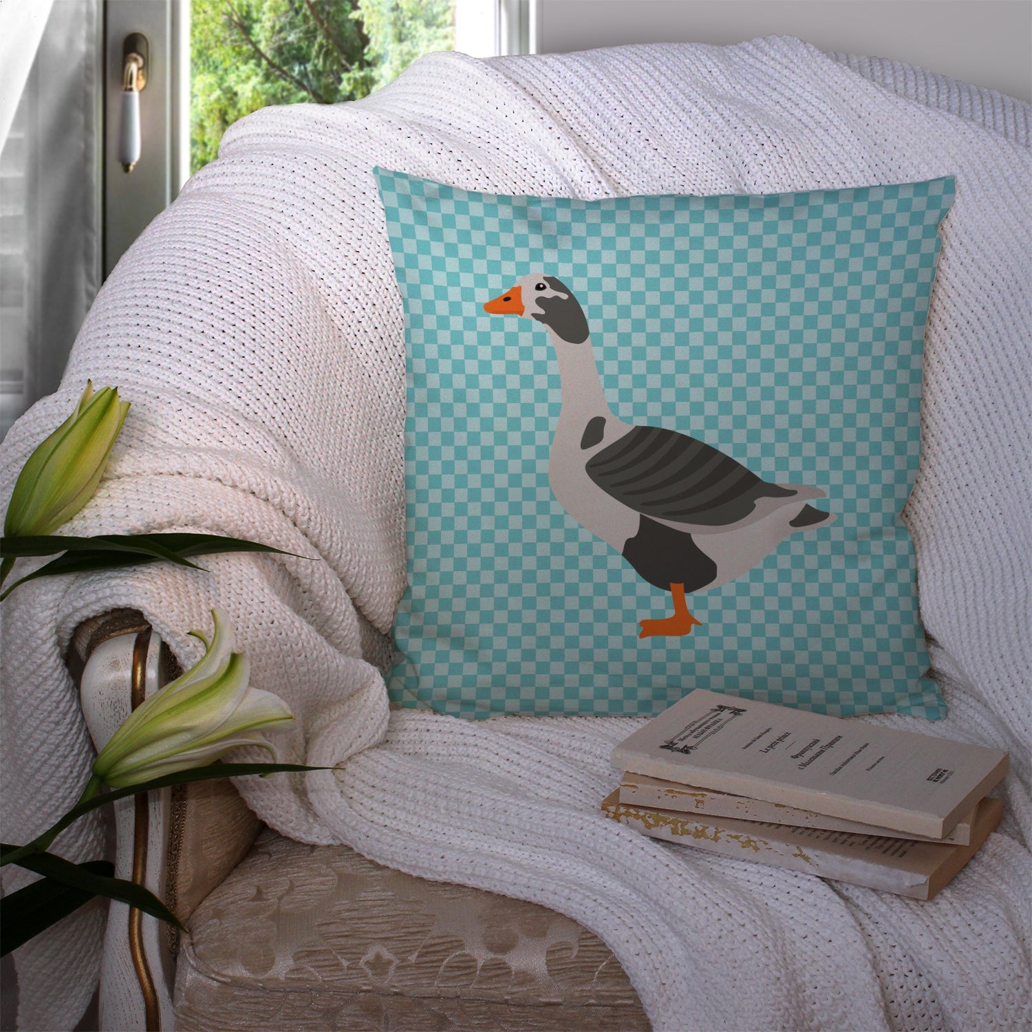 West of England Goose Blue Check Decorative Throw Pillow 14x14 Indoor Outdoor Accent Cushion, Fabric Cover with Insert for Sofa, Bed, Porch & Living Room