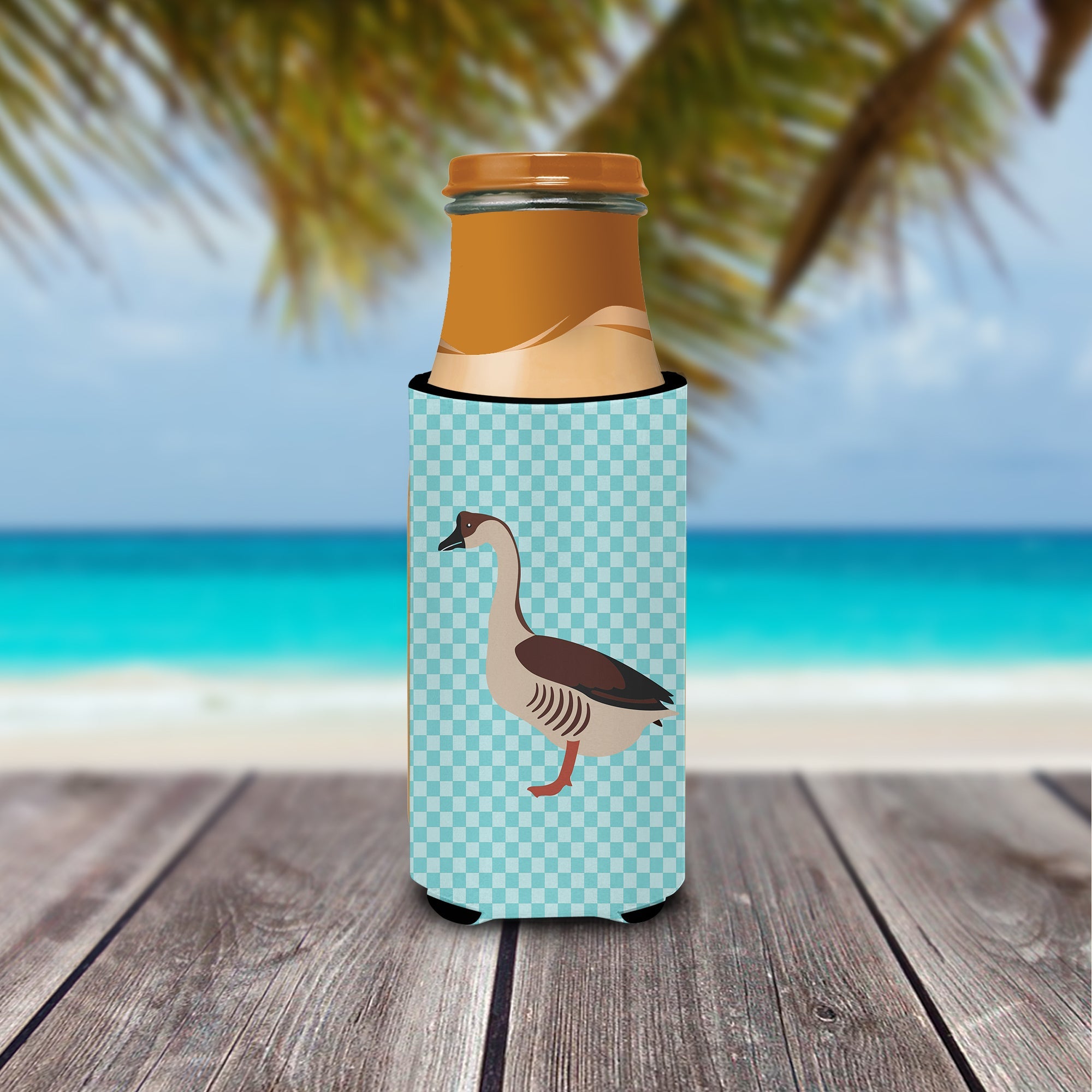 Chinese Goose Blue Check Slim Can Hugger , Insulated Foam Hugger for 12 oz Slim Cans, Beer Bottles & Water Bottles, Printed in USA