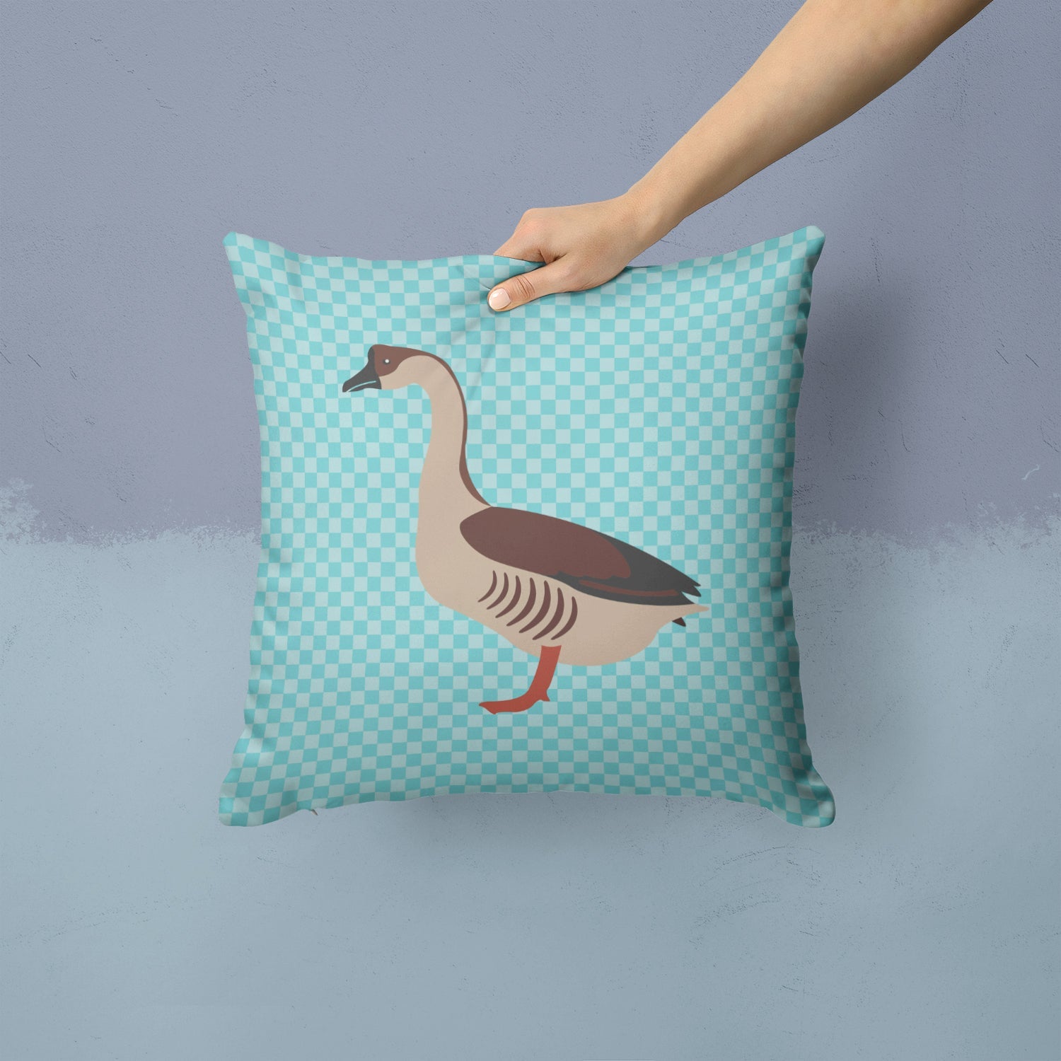 Chinese Goose Blue Check Decorative Throw Pillow 14x14 Indoor Outdoor Accent Cushion, Fabric Cover with Insert for Sofa, Bed, Porch & Living Room