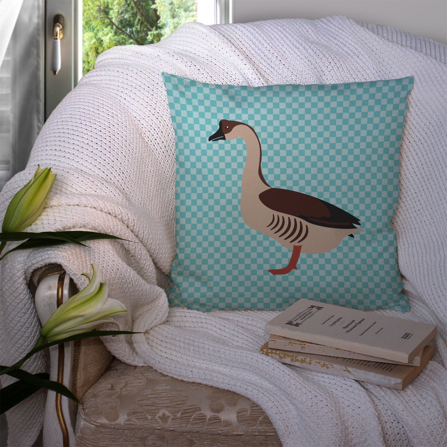 Chinese Goose Blue Check Decorative Throw Pillow 14x14 Indoor Outdoor Accent Cushion, Fabric Cover with Insert for Sofa, Bed, Porch & Living Room