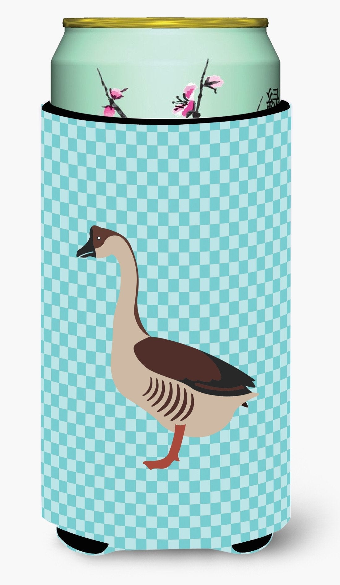 Chinese Goose Blue Check Tall Boy Hugger Can Cooler Sleeve Machine Washable Drink Collapsible Insulator Beverage Insulated Holder