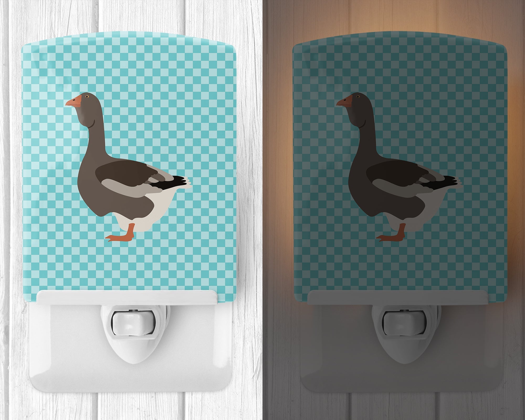 Toulouse Goose Blue Check Ceramic Night Light Compact, UL-Certified, Ideal for Bedroom, Bathroom, Nursery, Hallway, Kitchen, 6x4x3, Multicolor