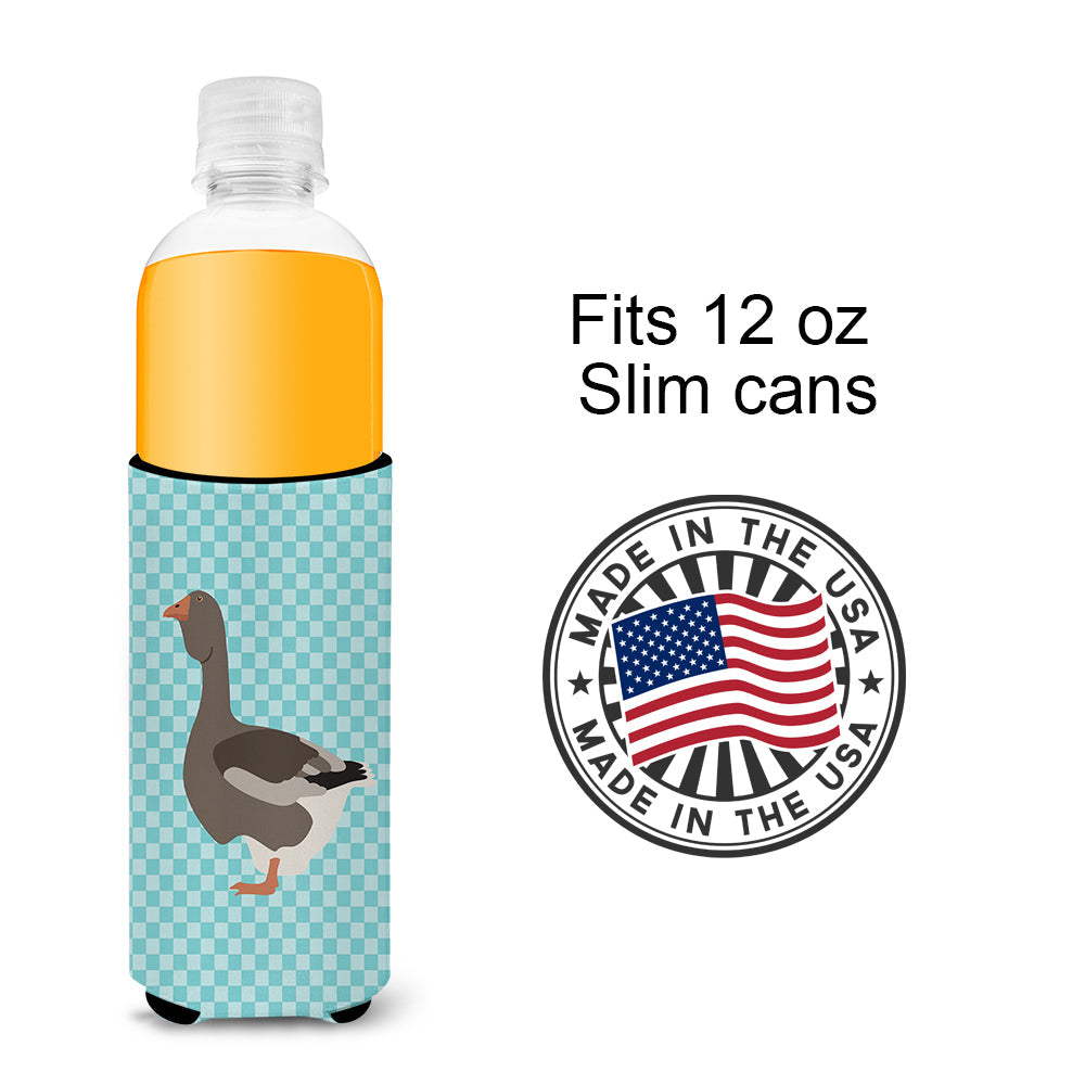 Toulouse Goose Blue Check Slim Can Hugger , Insulated Foam Hugger for 12 oz Slim Cans, Beer Bottles & Water Bottles, Printed in USA