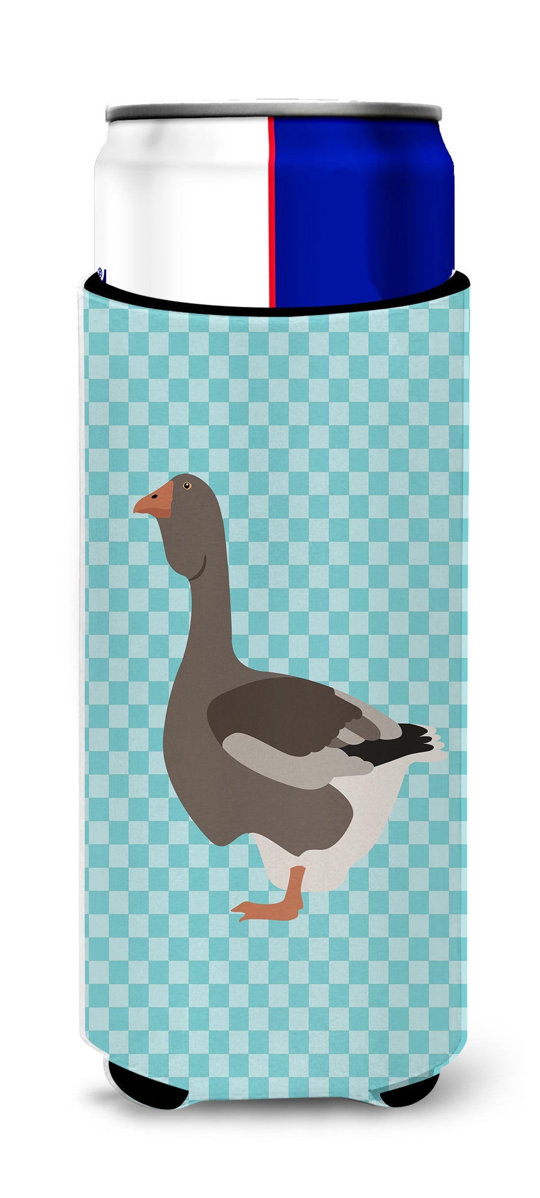 Toulouse Goose Blue Check Slim Can Hugger , Insulated Foam Hugger for 12 oz Slim Cans, Beer Bottles & Water Bottles, Printed in USA