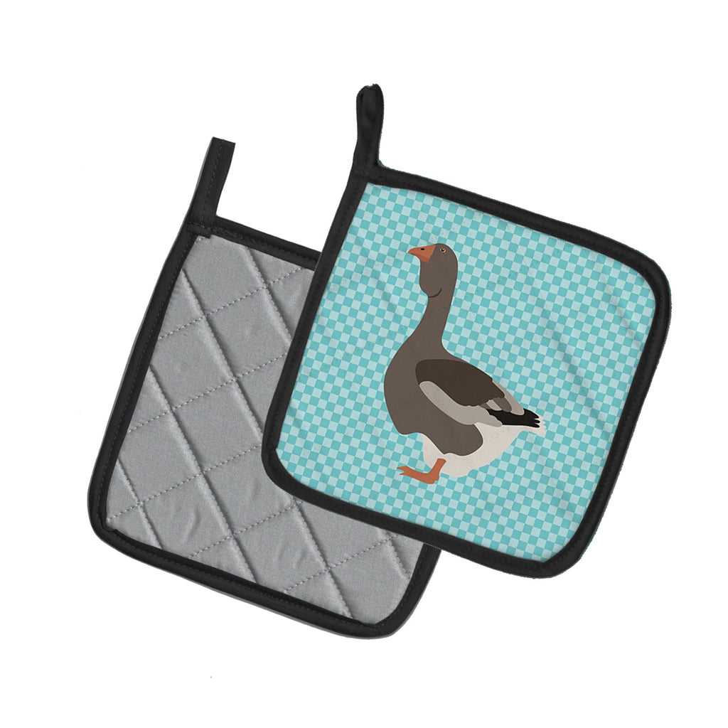 Toulouse Goose Blue Check Pot Holder Set of 2 Heat Resistant Quilted Hot Pads 7.5 x 7.5 Inch, Insulated Kitchen Trivets for Cooking & Baking