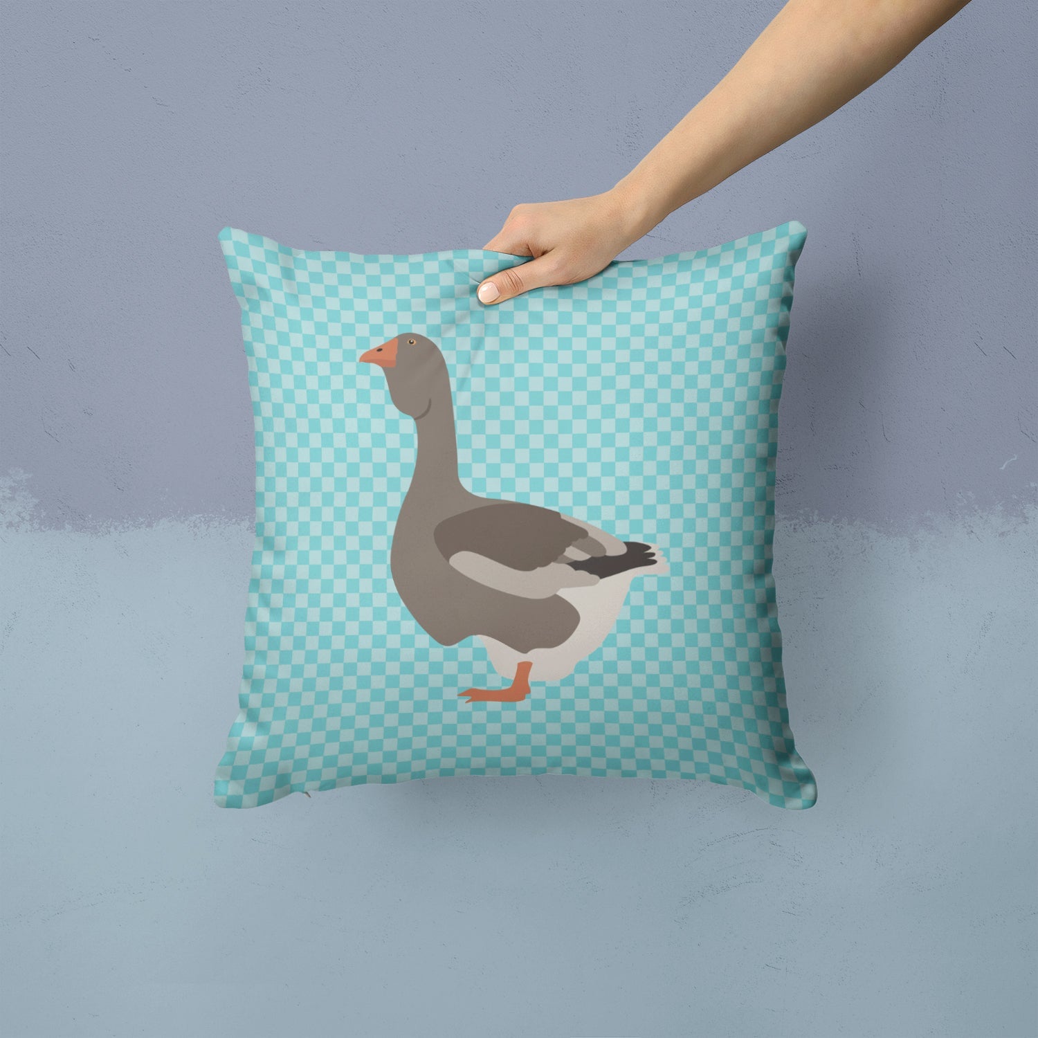 Toulouse Goose Blue Check Decorative Throw Pillow 14x14 Indoor Outdoor Accent Cushion, Fabric Cover with Insert for Sofa, Bed, Porch & Living Room