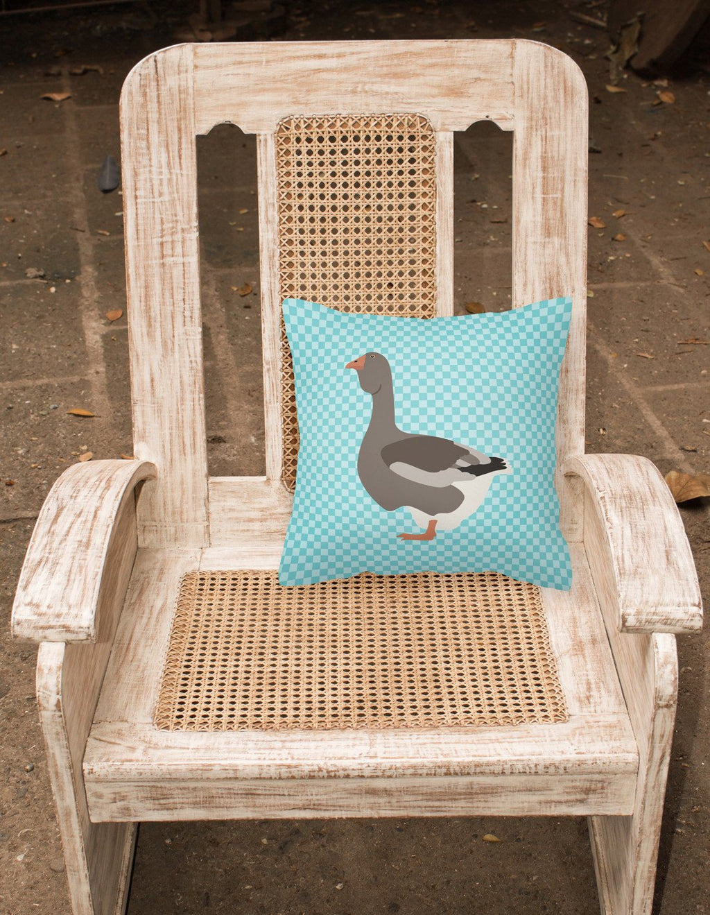 Toulouse Goose Blue Check Decorative Throw Pillow 18x18 Indoor Outdoor Accent Cushion, Fabric Cover with Insert for Sofa, Bed, Porch & Living Room