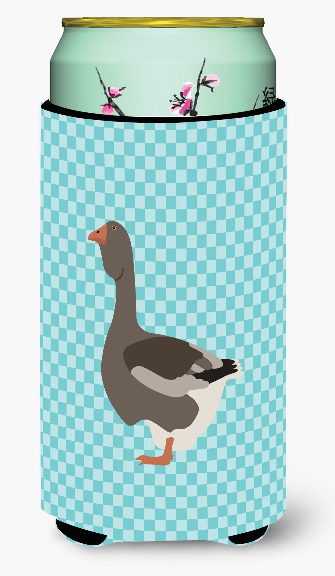 Toulouse Goose Blue Check Tall Boy Hugger Can Cooler Sleeve Machine Washable Drink Collapsible Insulator Beverage Insulated Holder