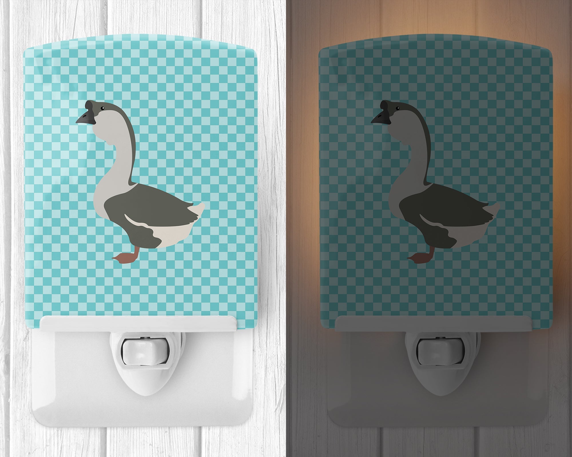African Goose Blue Check Ceramic Night Light Compact, UL-Certified, Ideal for Bedroom, Bathroom, Nursery, Hallway, Kitchen, 6x4x3, Multicolor