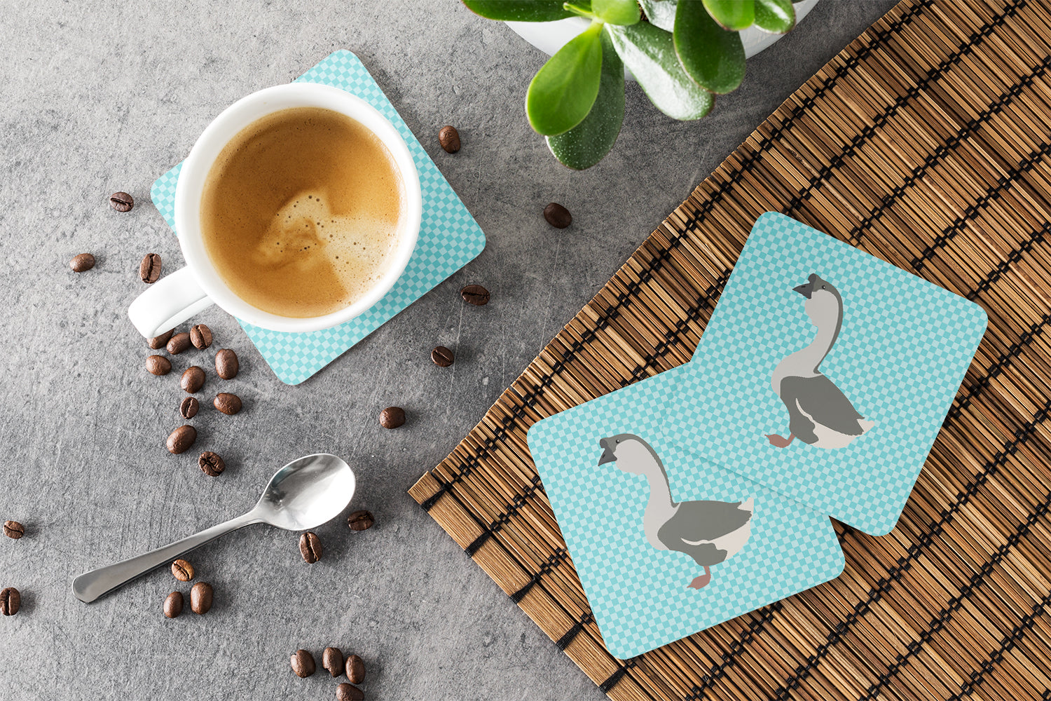African Goose Blue Check Foam Coasters Set of 4 Cup Coasters for Indoor Outdoor, Tabletop Protection, Anti Slip, Mouse pad Material