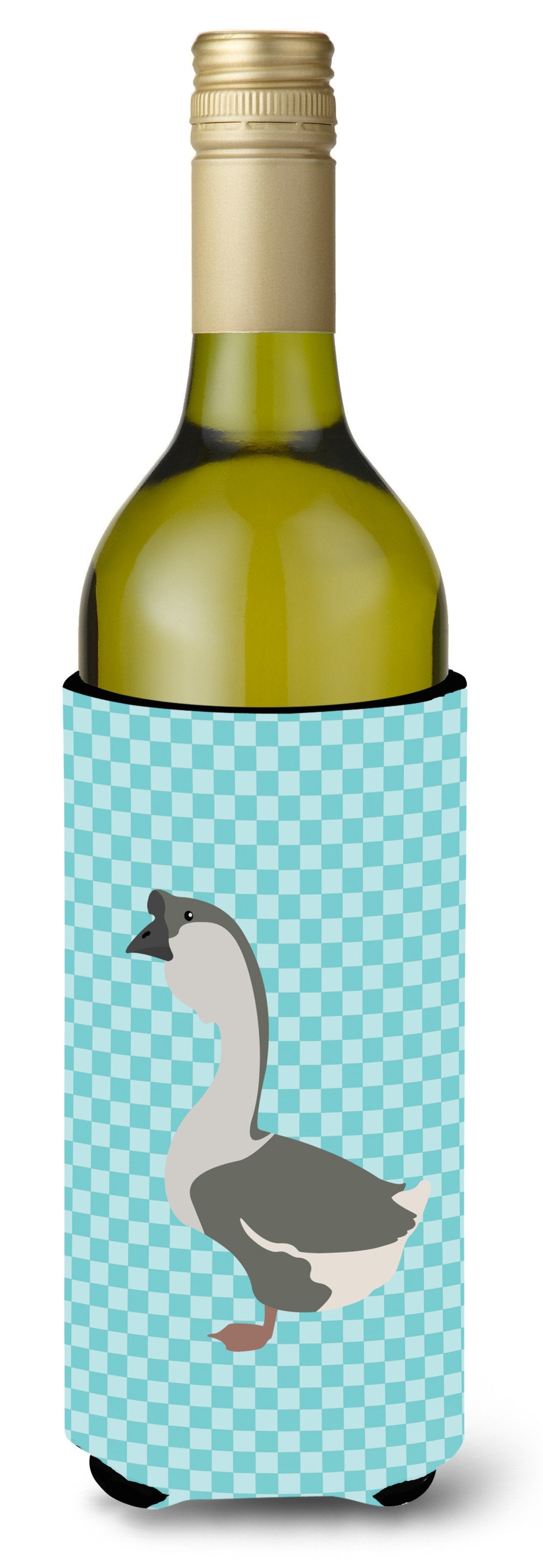African Goose Blue Check Wine Bottle Hugger Gift Sleeve for Standard 750 ml Bottles, Insulated Reusable Also Fits Mini Shot & Pint Bottles