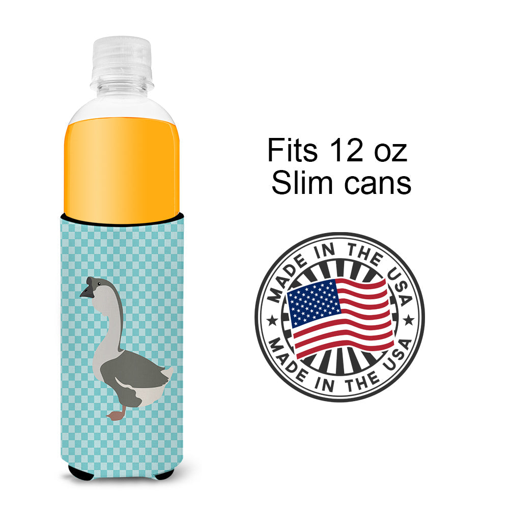 African Goose Blue Check Slim Can Hugger , Insulated Foam Hugger for 12 oz Slim Cans, Beer Bottles & Water Bottles, Printed in USA