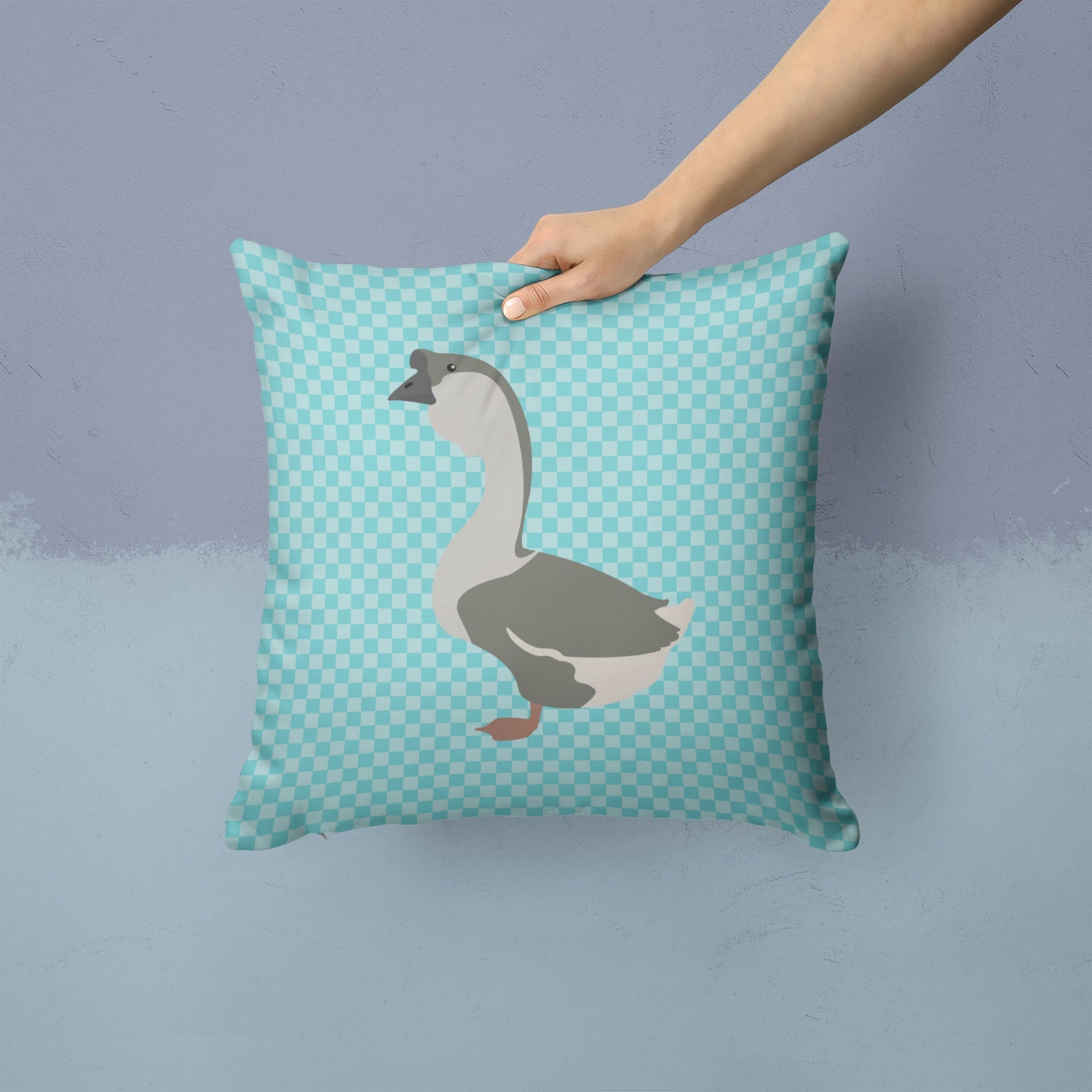African Goose Blue Check Decorative Throw Pillow 14x14 Indoor Outdoor Accent Cushion, Fabric Cover with Insert for Sofa, Bed, Porch & Living Room