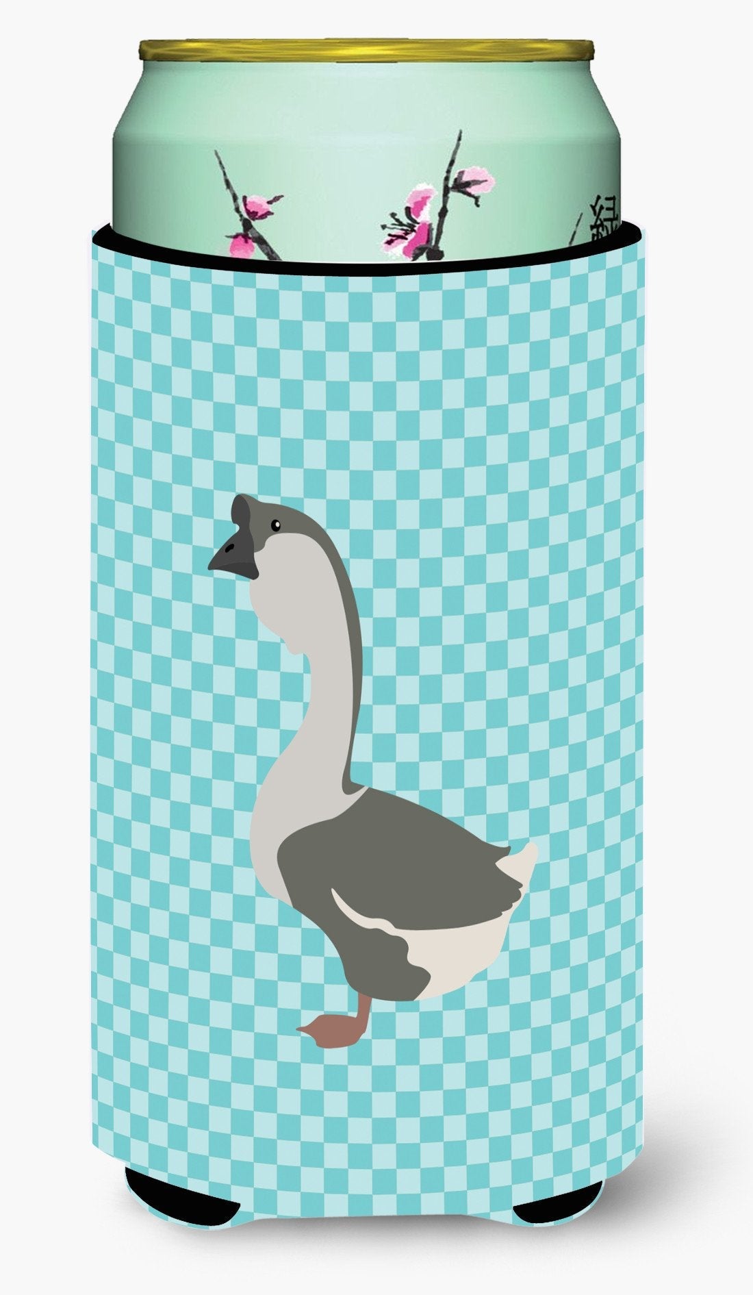 African Goose Blue Check Tall Boy Hugger Can Cooler Sleeve Machine Washable Drink Collapsible Insulator Beverage Insulated Holder