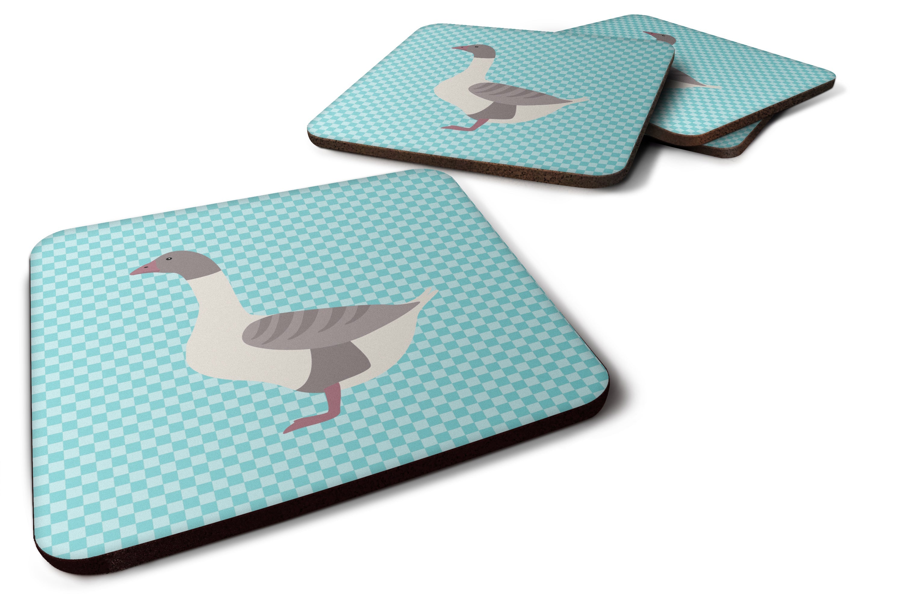 Buff Grey Back Goose Blue Check Foam Coasters Set of 4 Cup Coasters for Indoor Outdoor, Tabletop Protection, Anti Slip, Mouse pad Material