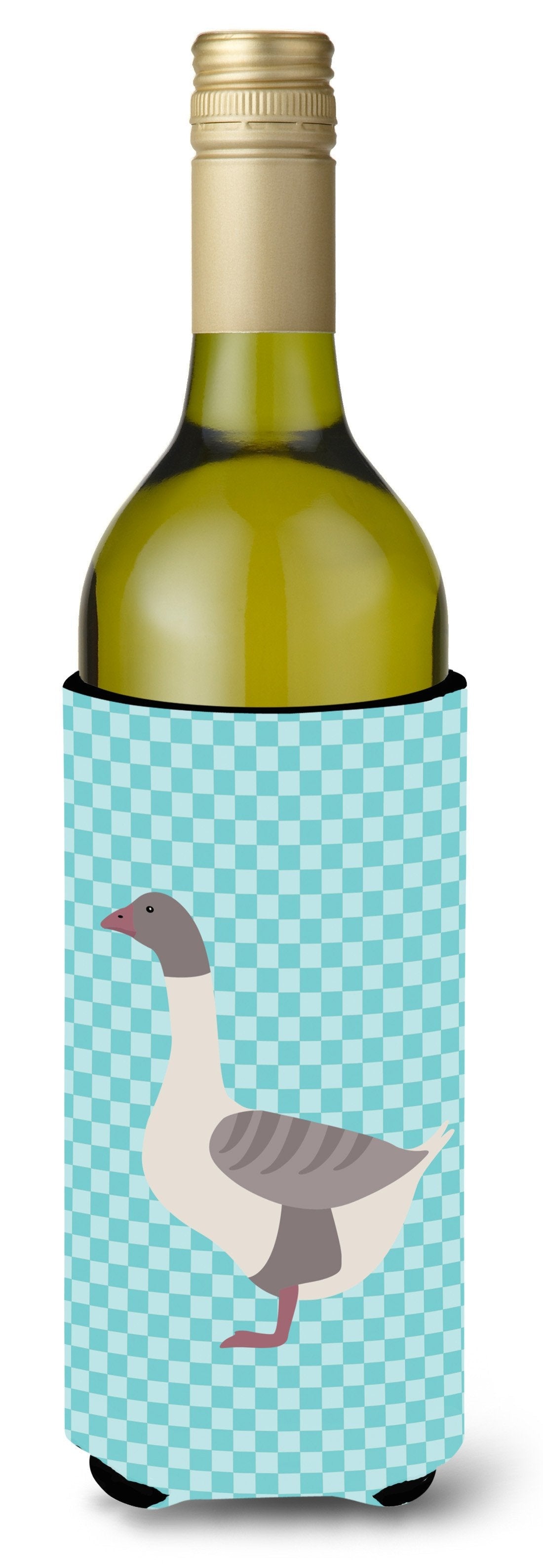 Buff Grey Back Goose Blue Check Wine Bottle Hugger Gift Sleeve for Standard 750 ml Bottles, Insulated Reusable Also Fits Mini Shot & Pint Bottles