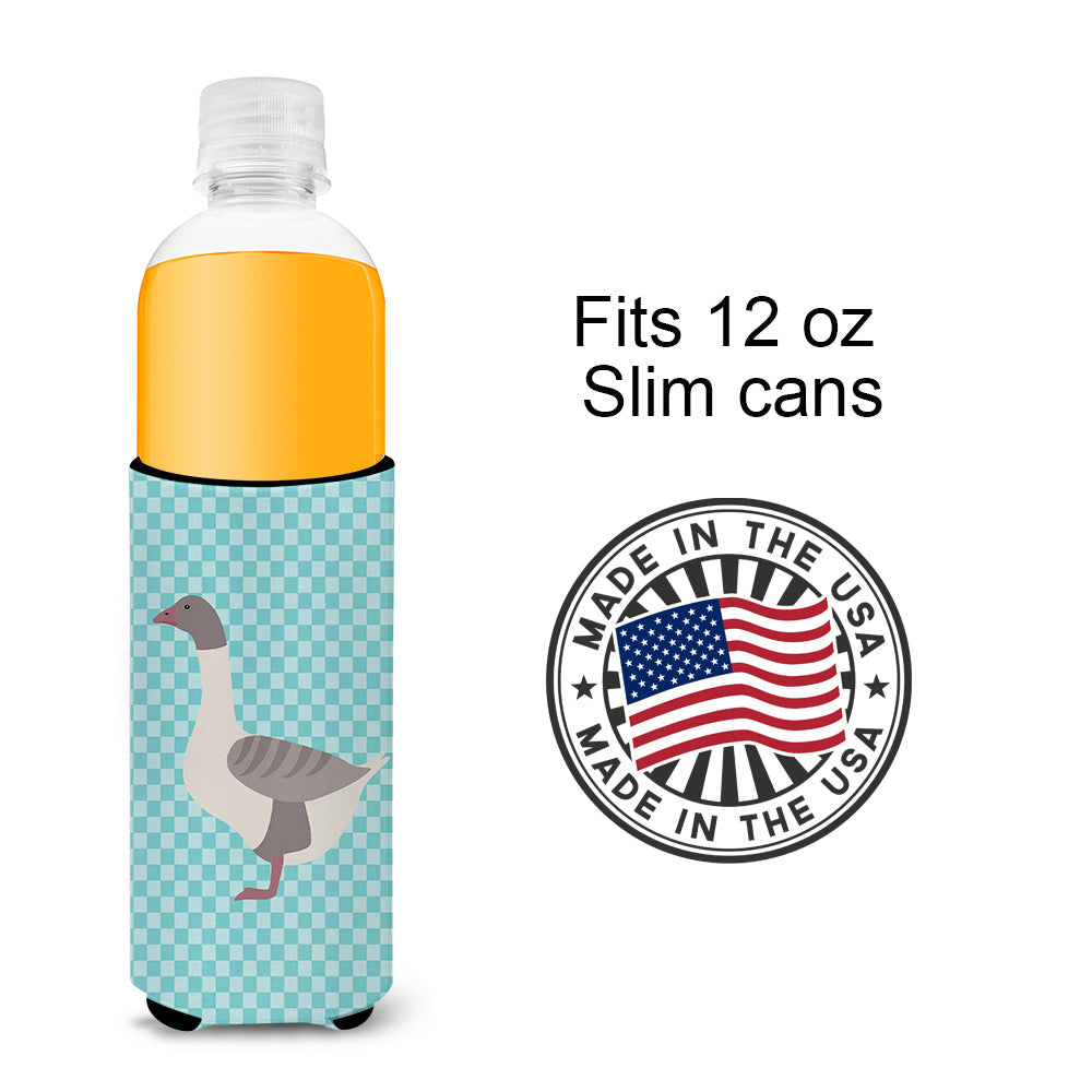 Buff Grey Back Goose Blue Check Slim Can Hugger , Insulated Foam Hugger for 12 oz Slim Cans, Beer Bottles & Water Bottles, Printed in USA