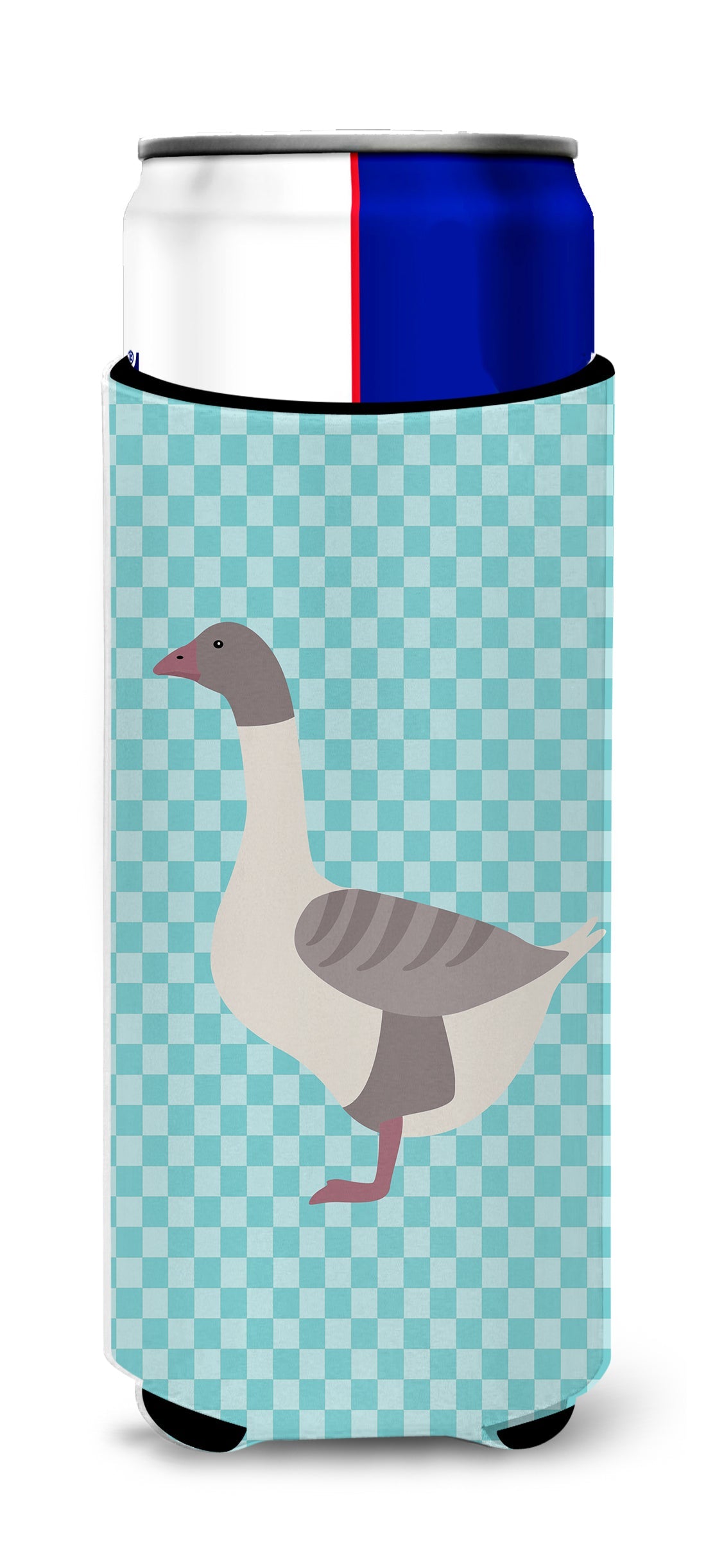Buff Grey Back Goose Blue Check Slim Can Hugger , Insulated Foam Hugger for 12 oz Slim Cans, Beer Bottles & Water Bottles, Printed in USA