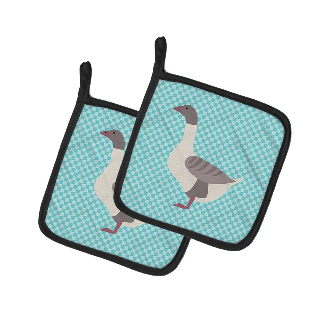 Buff Grey Back Goose Blue Check Pot Holder Set of 2 Heat Resistant Quilted Hot Pads 7.5 x 7.5 Inch, Insulated Kitchen Trivets for Cooking & Baking