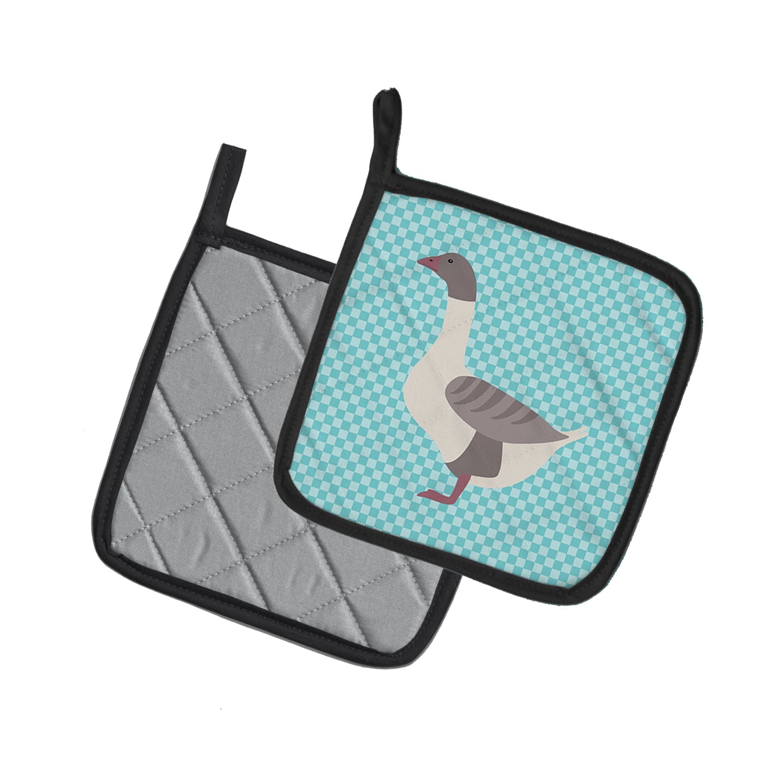 Buff Grey Back Goose Blue Check Pot Holder Set of 2 Heat Resistant Quilted Hot Pads 7.5 x 7.5 Inch, Insulated Kitchen Trivets for Cooking & Baking