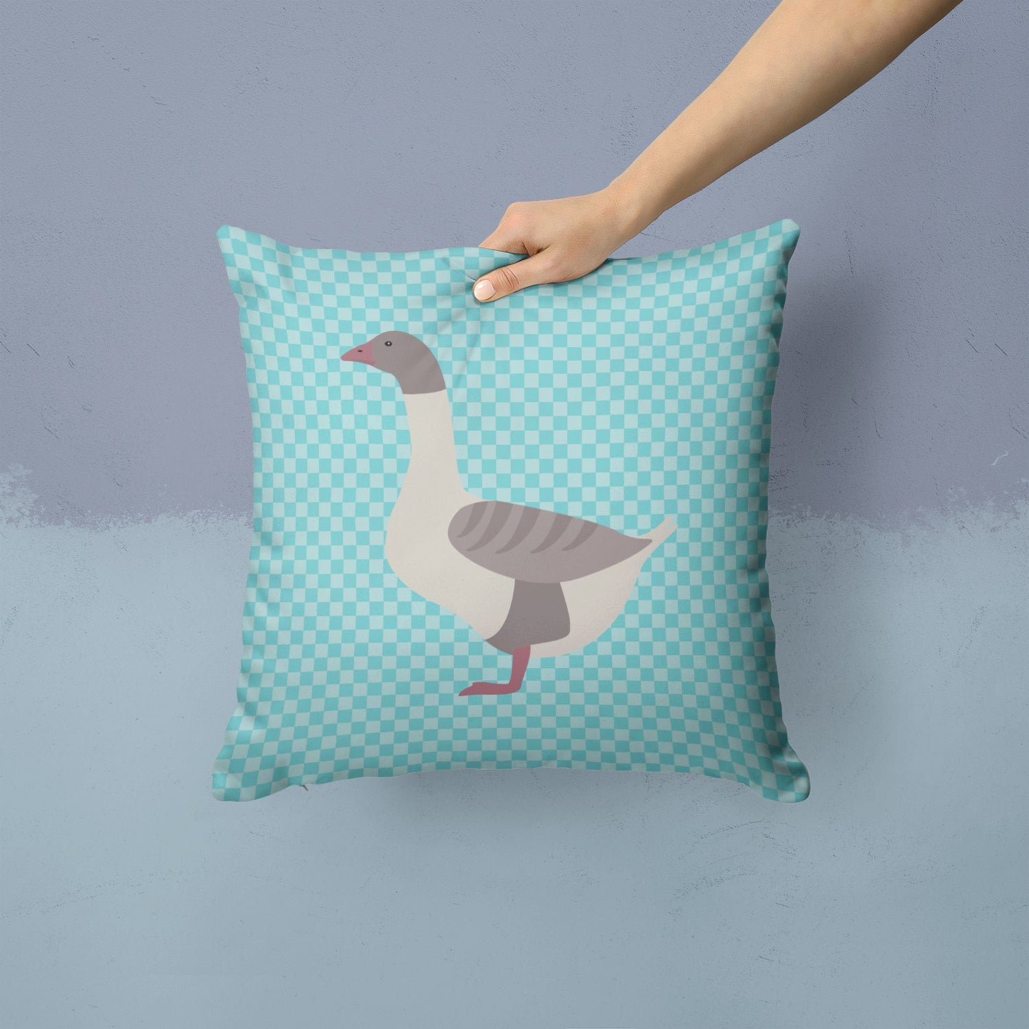 Buff Grey Back Goose Blue Check Decorative Throw Pillow 14x14 Indoor Outdoor Accent Cushion, Fabric Cover with Insert for Sofa, Bed, Porch & Living Room