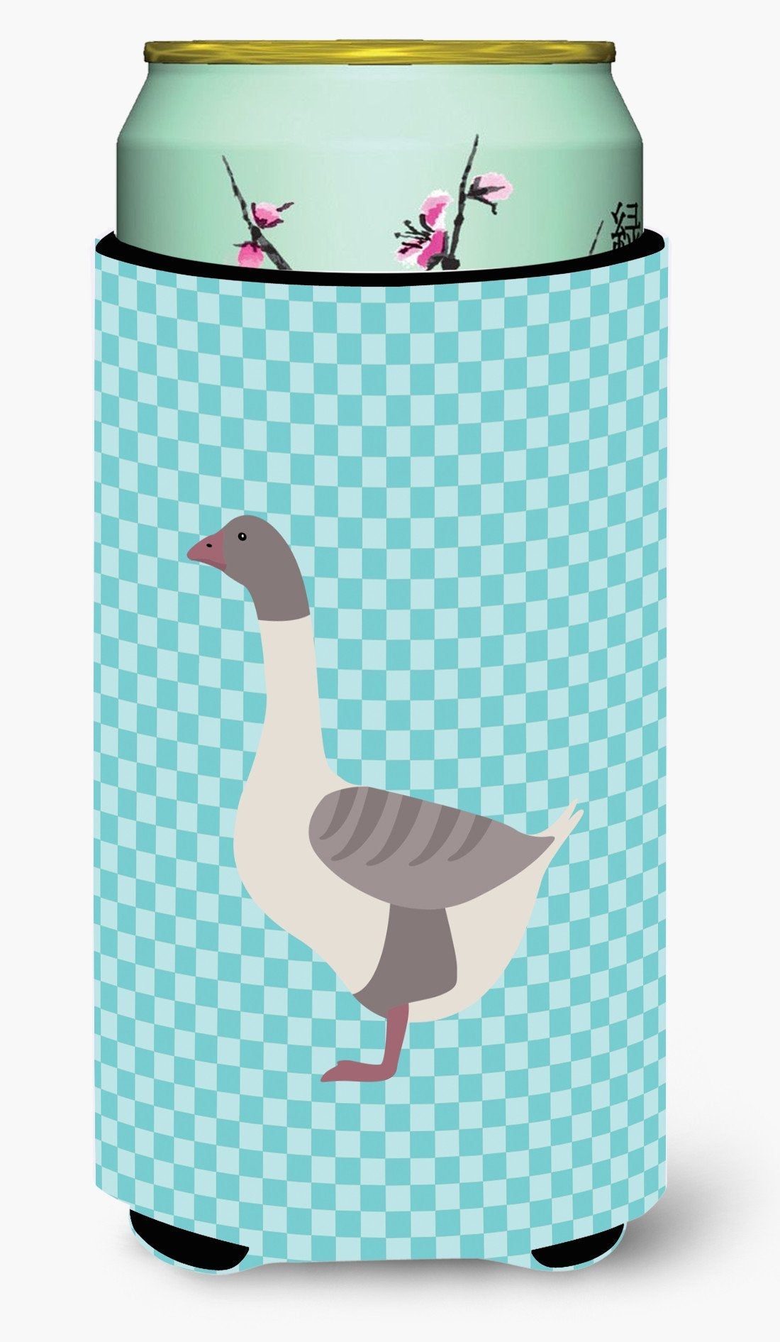 Buff Grey Back Goose Blue Check Tall Boy Hugger Can Cooler Sleeve Machine Washable Drink Collapsible Insulator Beverage Insulated Holder