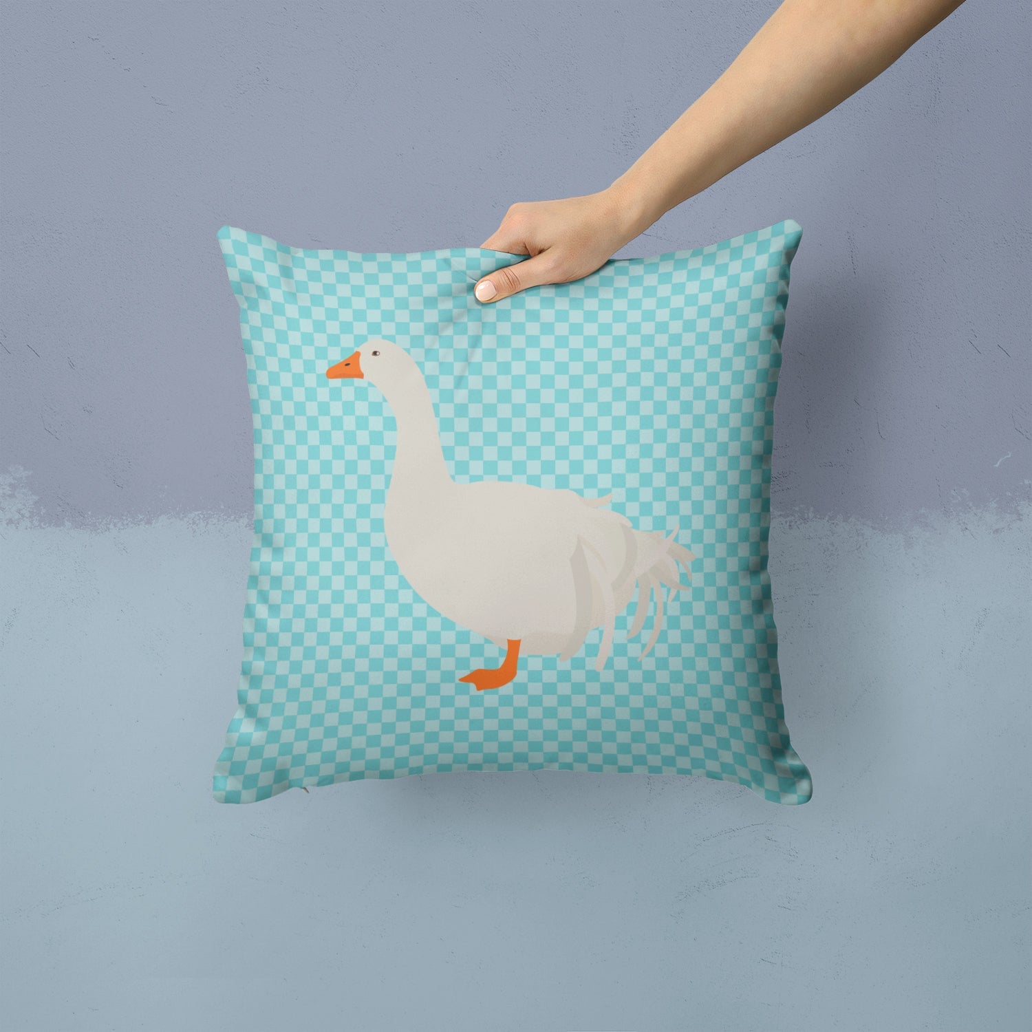 Sebastopol Goose Blue Check Decorative Throw Pillow 14x14 Indoor Outdoor Accent Cushion, Fabric Cover with Insert for Sofa, Bed, Porch & Living Room