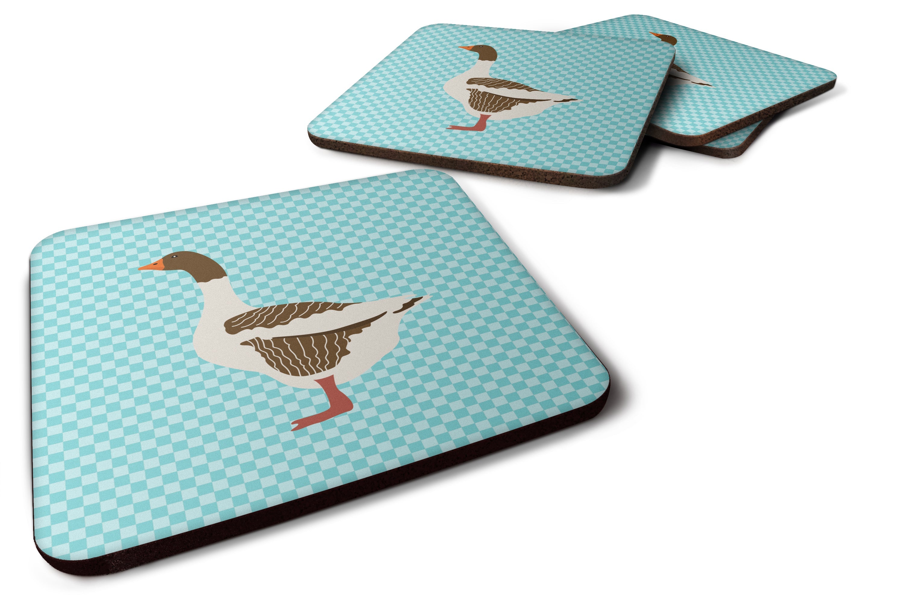 Pomeranian Rogener Goose Blue Check Foam Coasters Set of 4 Cup Coasters for Indoor Outdoor, Tabletop Protection, Anti Slip, Mouse pad Material