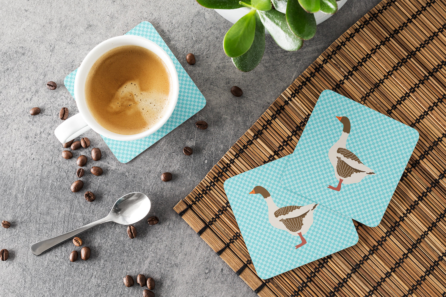 Pomeranian Rogener Goose Blue Check Foam Coasters Set of 4 Cup Coasters for Indoor Outdoor, Tabletop Protection, Anti Slip, Mouse pad Material