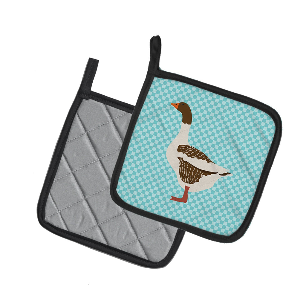 Pomeranian Rogener Goose Blue Check Pot Holder Set of 2 Heat Resistant Quilted Hot Pads 7.5 x 7.5 Inch, Insulated Kitchen Trivets for Cooking & Baking