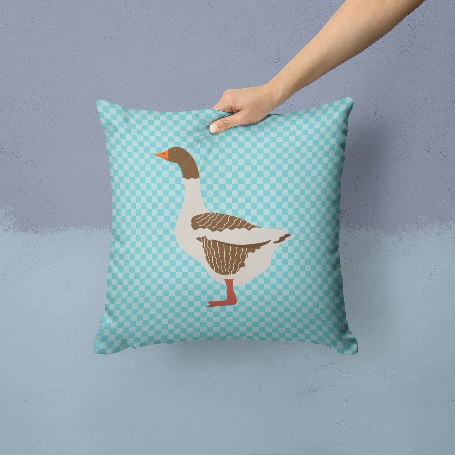 Pomeranian Rogener Goose Blue Check Decorative Throw Pillow 14x14 Indoor Outdoor Accent Cushion, Fabric Cover with Insert for Sofa, Bed, Porch & Living Room