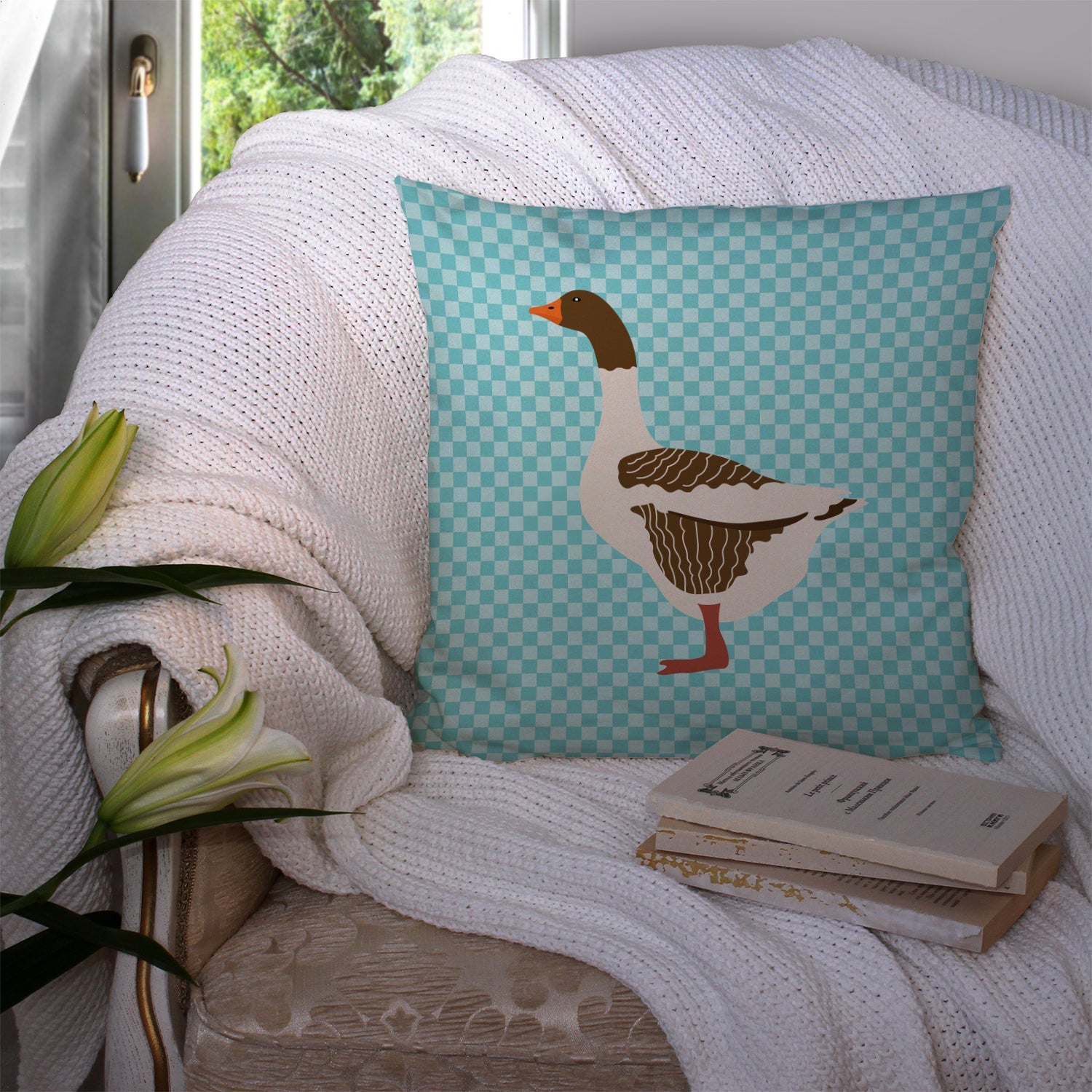 Pomeranian Rogener Goose Blue Check Decorative Throw Pillow 14x14 Indoor Outdoor Accent Cushion, Fabric Cover with Insert for Sofa, Bed, Porch & Living Room
