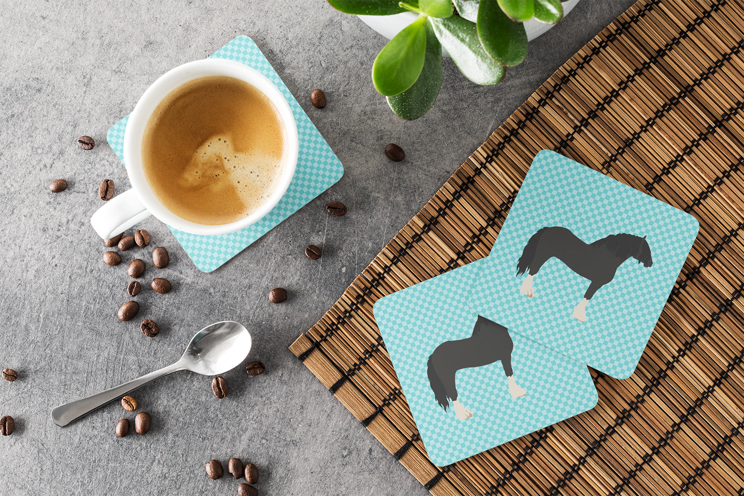 Pomeranian Rogener Goose Blue Check Foam Coasters Set of 4 Cup Coasters for Indoor Outdoor, Tabletop Protection, Anti Slip, Mouse pad Material