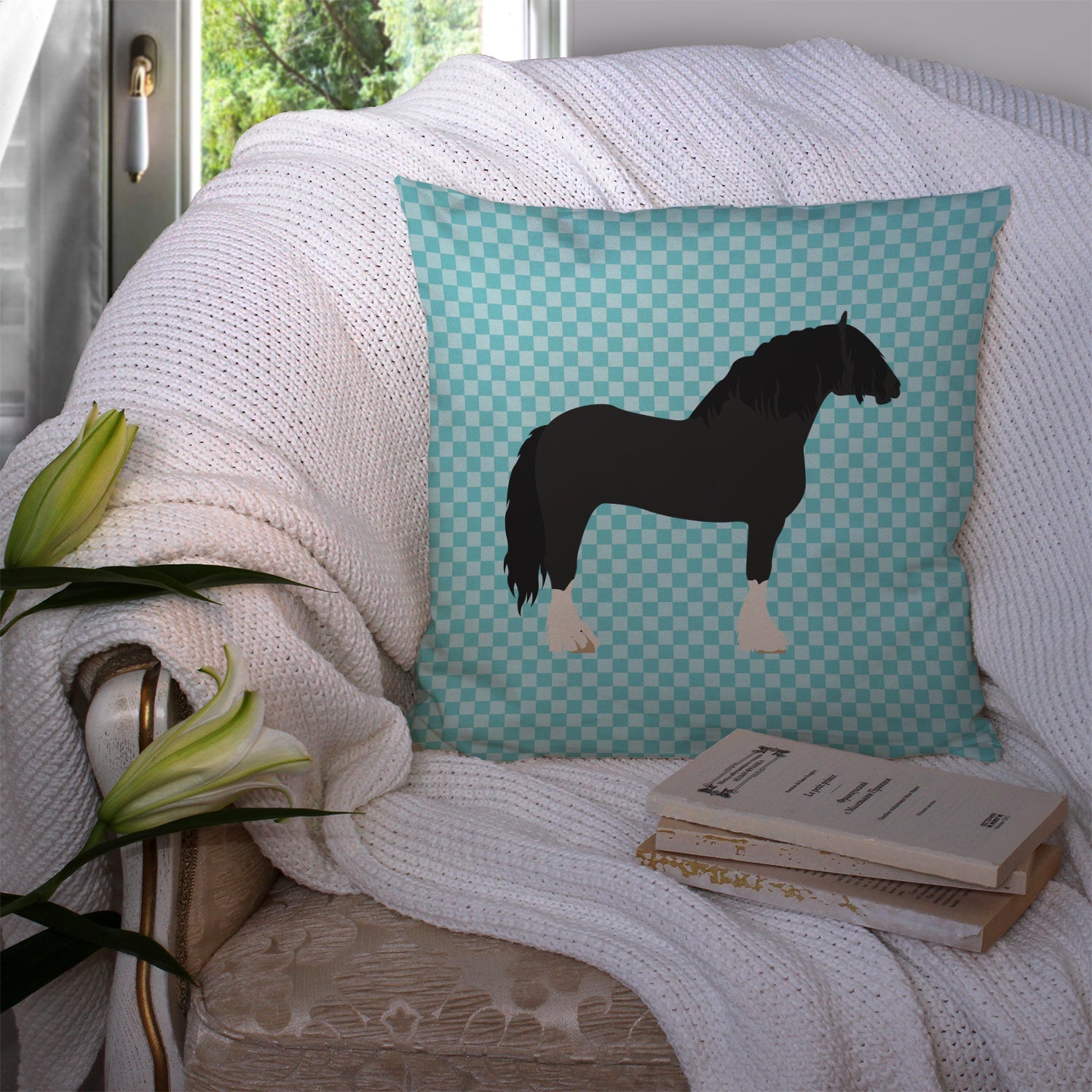 Pomeranian Rogener Goose Blue Check Decorative Throw Pillow 14x14 Indoor Outdoor Accent Cushion, Fabric Cover with Insert for Sofa, Bed, Porch & Living Room