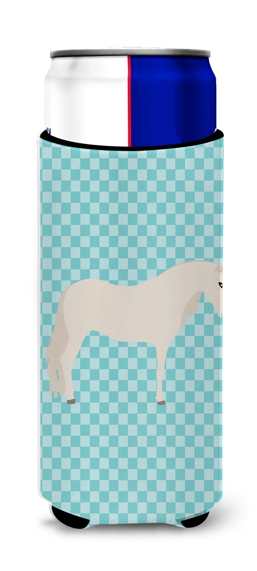 Paso Fino Horse Blue Check Slim Can Hugger , Insulated Foam Hugger for 12 oz Slim Cans, Beer Bottles & Water Bottles, Printed in USA