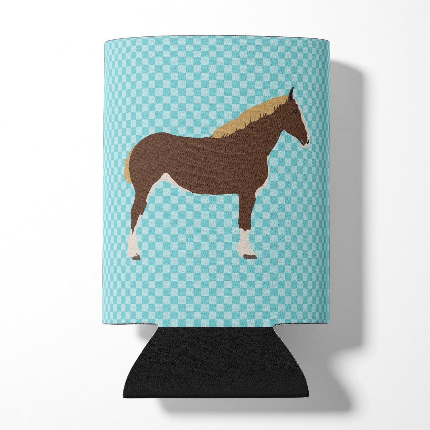 Percheron Horse Blue Check Can or Bottle Hugger Cooler Sleeve for Standard 12 oz Cans, Insulated Foam Beer & Soda Can Hugger Reusable