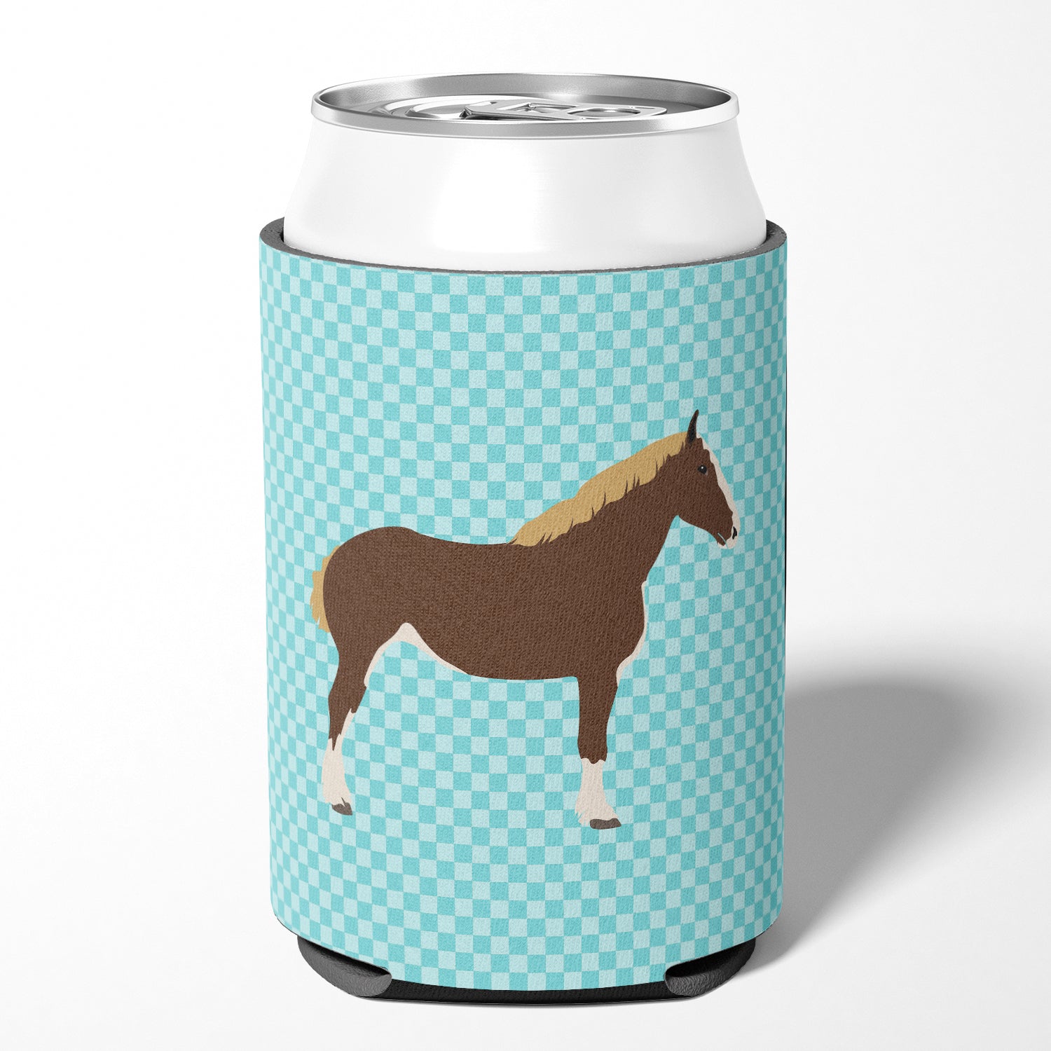Percheron Horse Blue Check Can or Bottle Hugger Cooler Sleeve for Standard 12 oz Cans, Insulated Foam Beer & Soda Can Hugger Reusable