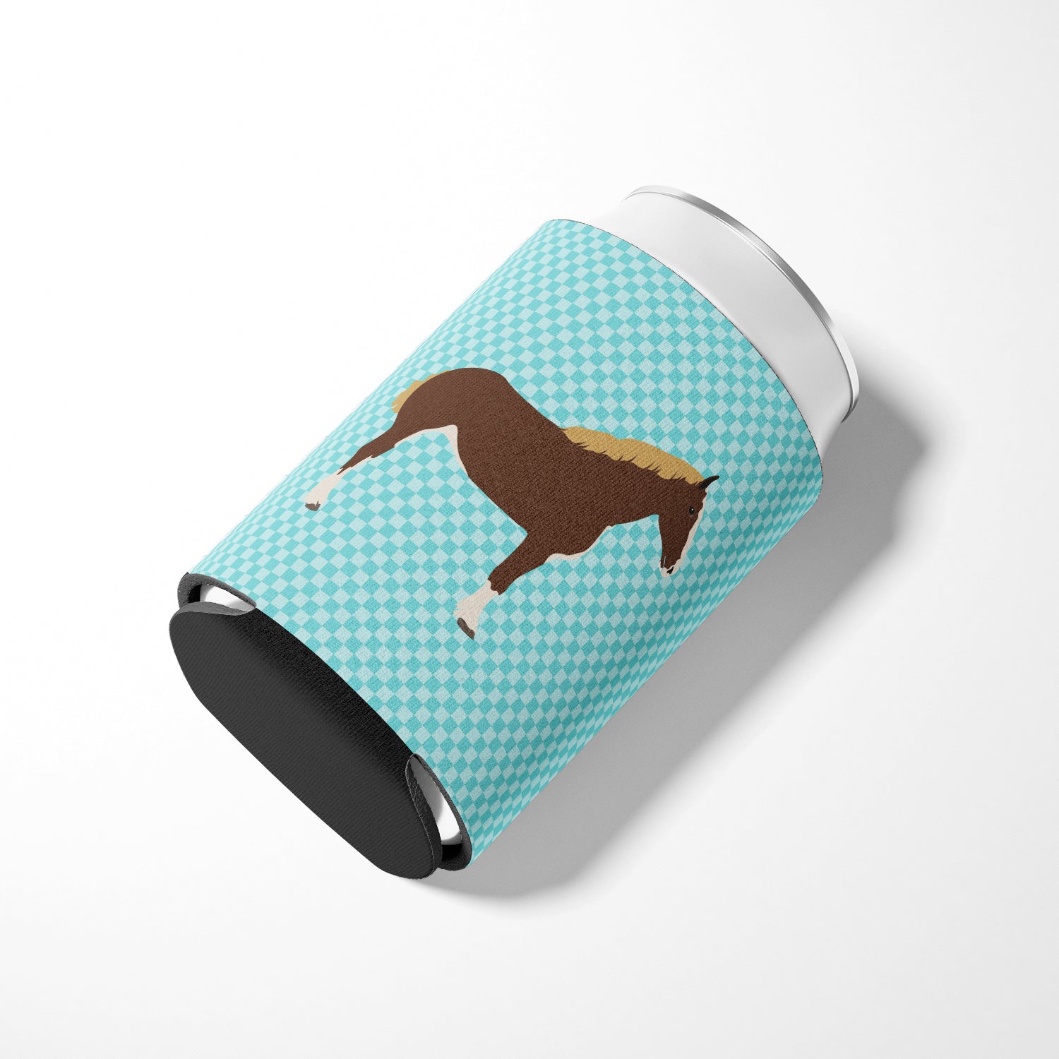 Percheron Horse Blue Check Can or Bottle Hugger Cooler Sleeve for Standard 12 oz Cans, Insulated Foam Beer & Soda Can Hugger Reusable